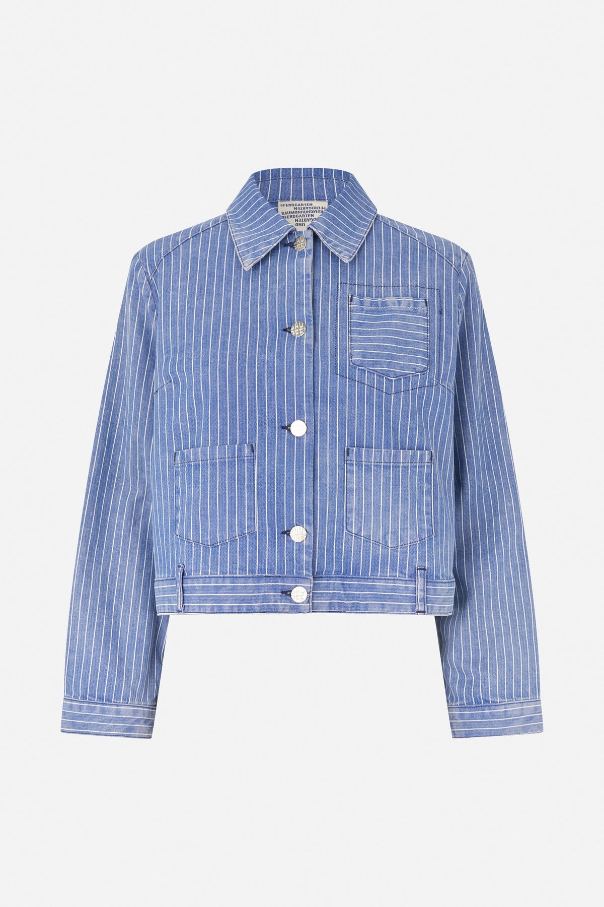 Front view of a blue pinstriped jacket with a pointed collar, button front, chest and waist pockets, and a hem belt.