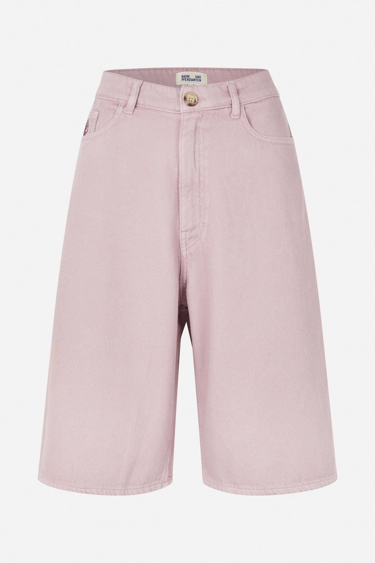Front view of pale pink denim shorts with wide legs, a buttoned waist, belt loops and curved front pockets.