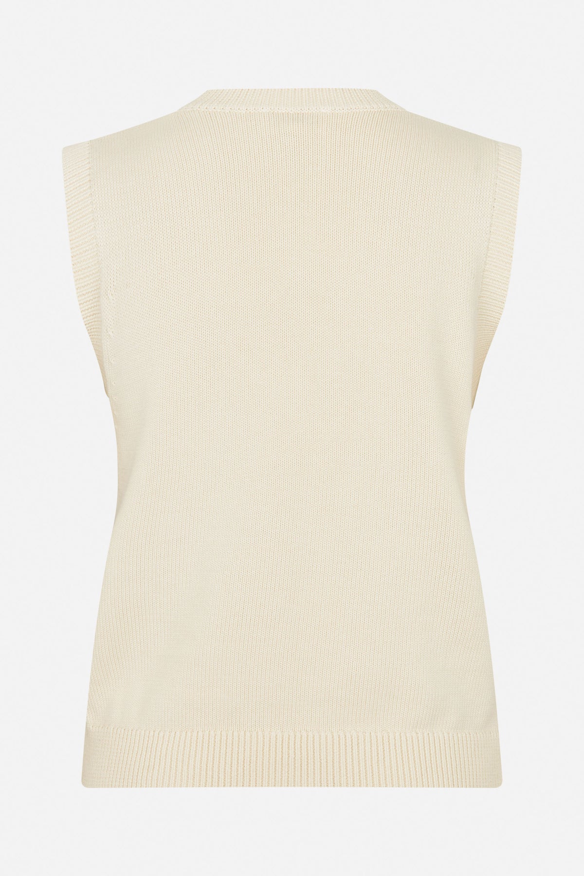 Ivory sleeveless knit top with a high rounded neckline and ribbed trim at the armholes and hem.