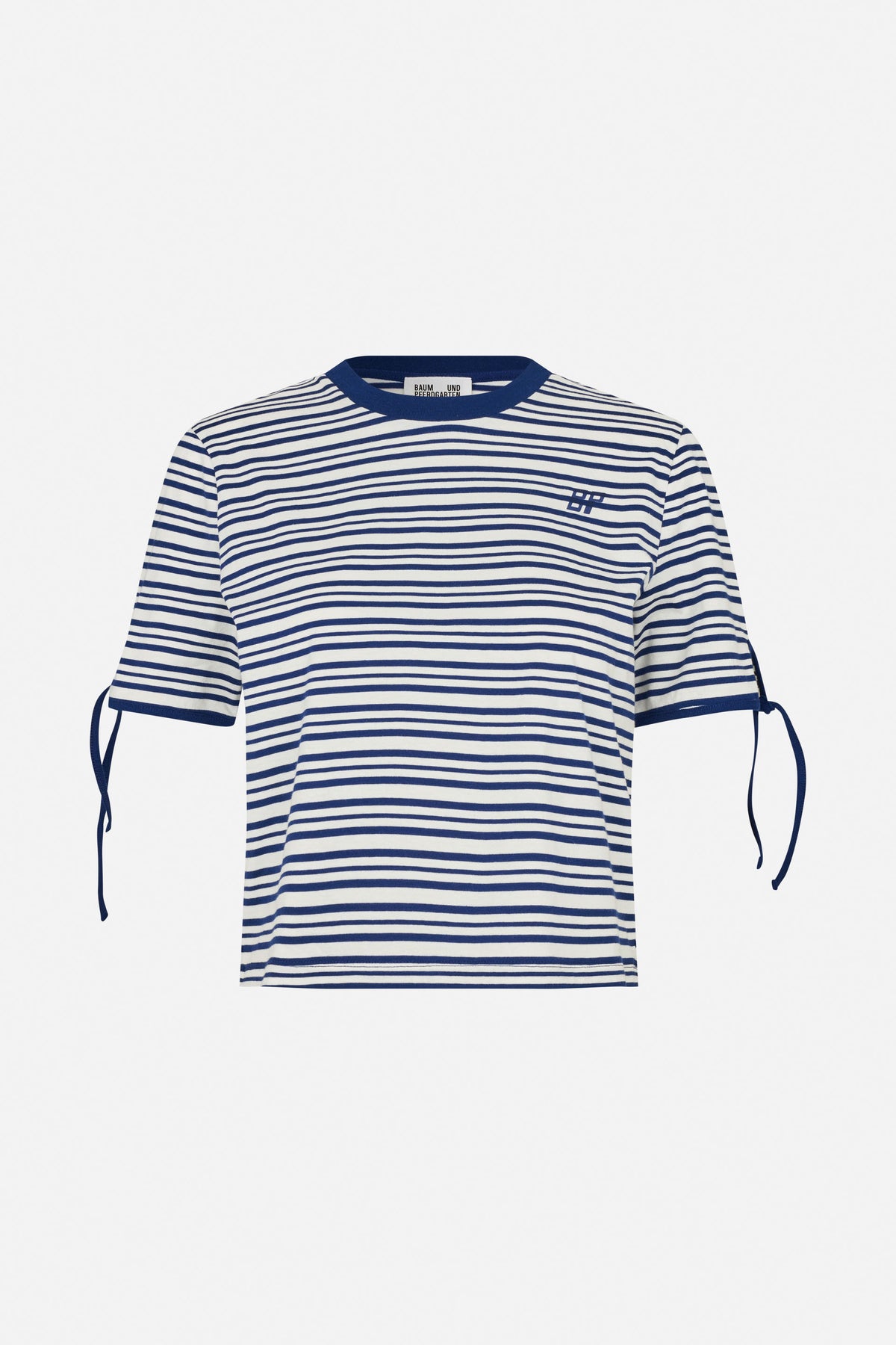 Front view of a white T-shirt with navy stripes, a crew neck, short sleeves with tie details and a small chest logo.
