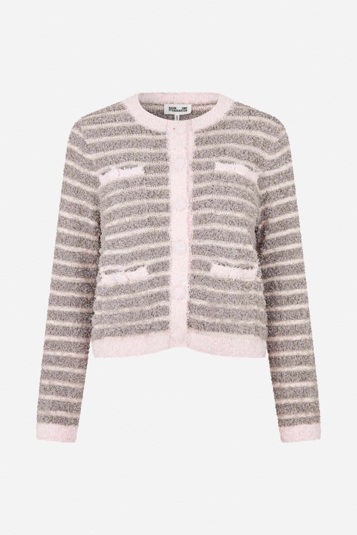 Front view of a textured long-sleeved knit cardigan with horizontal taupe and cream stripes, pale pink trim and two patch pockets.