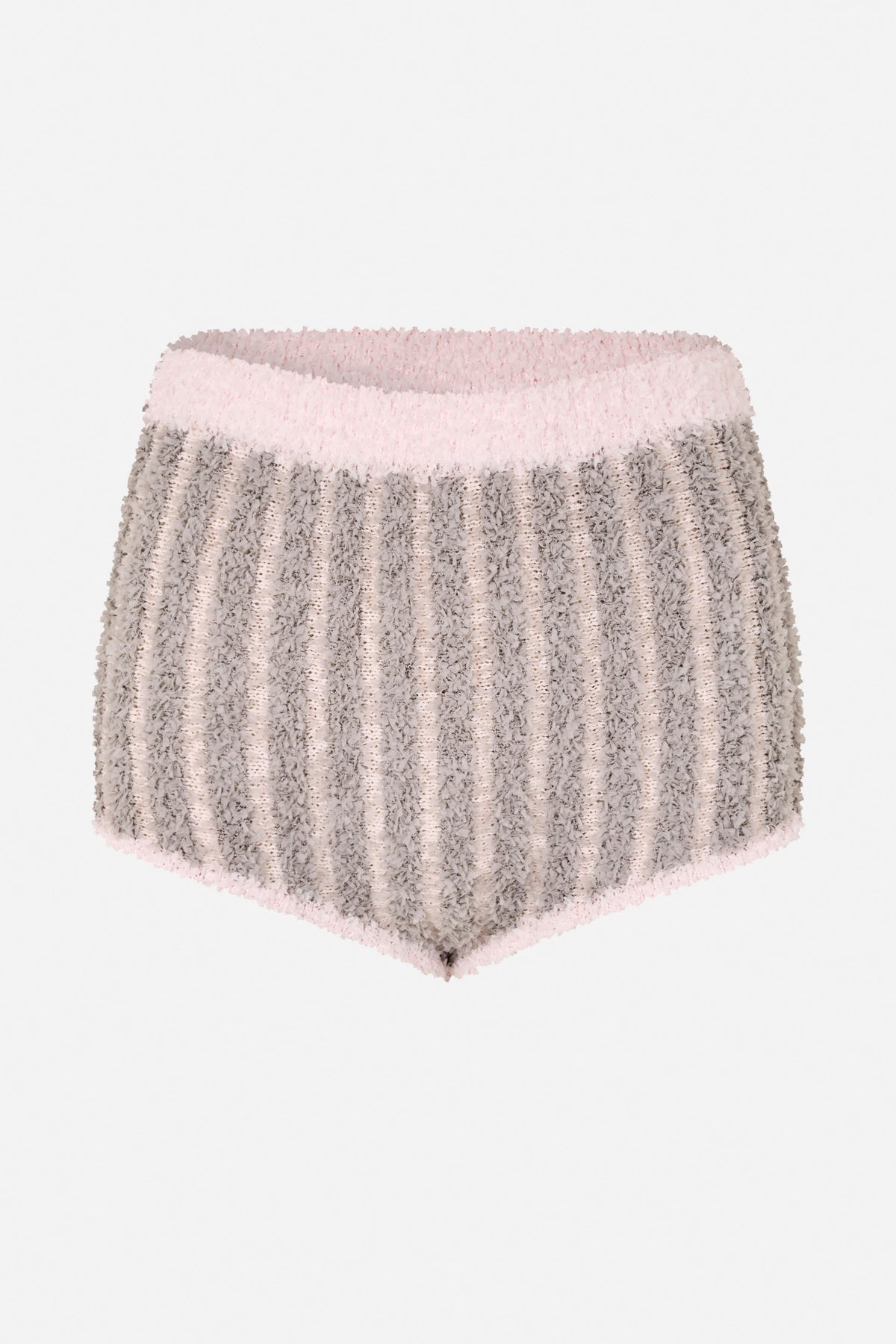 Front view of textured cream and grey shorts with a pale pink waistband and hem trim