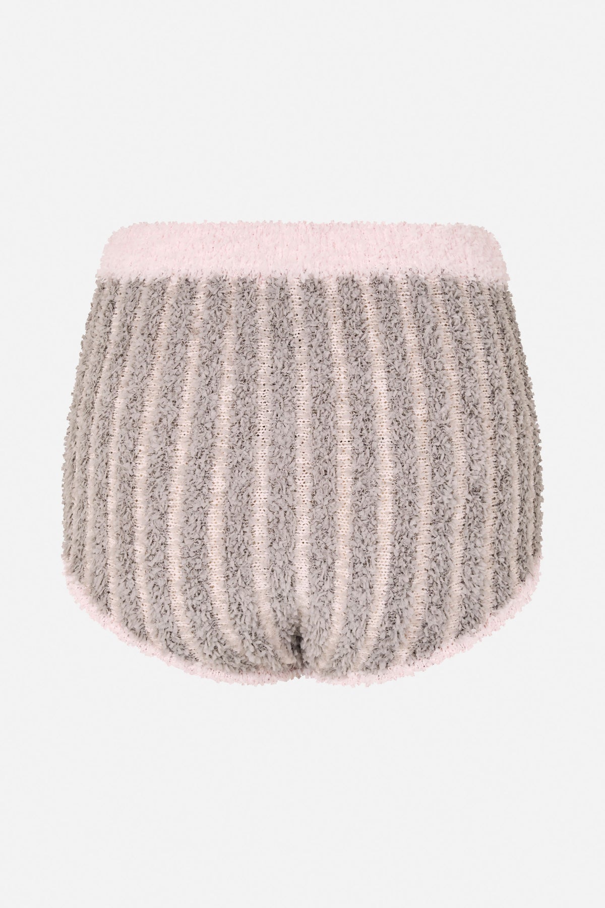 Close-up of pale pink and grey shaggy woven fabric with vertical stripes and a pale pink edge