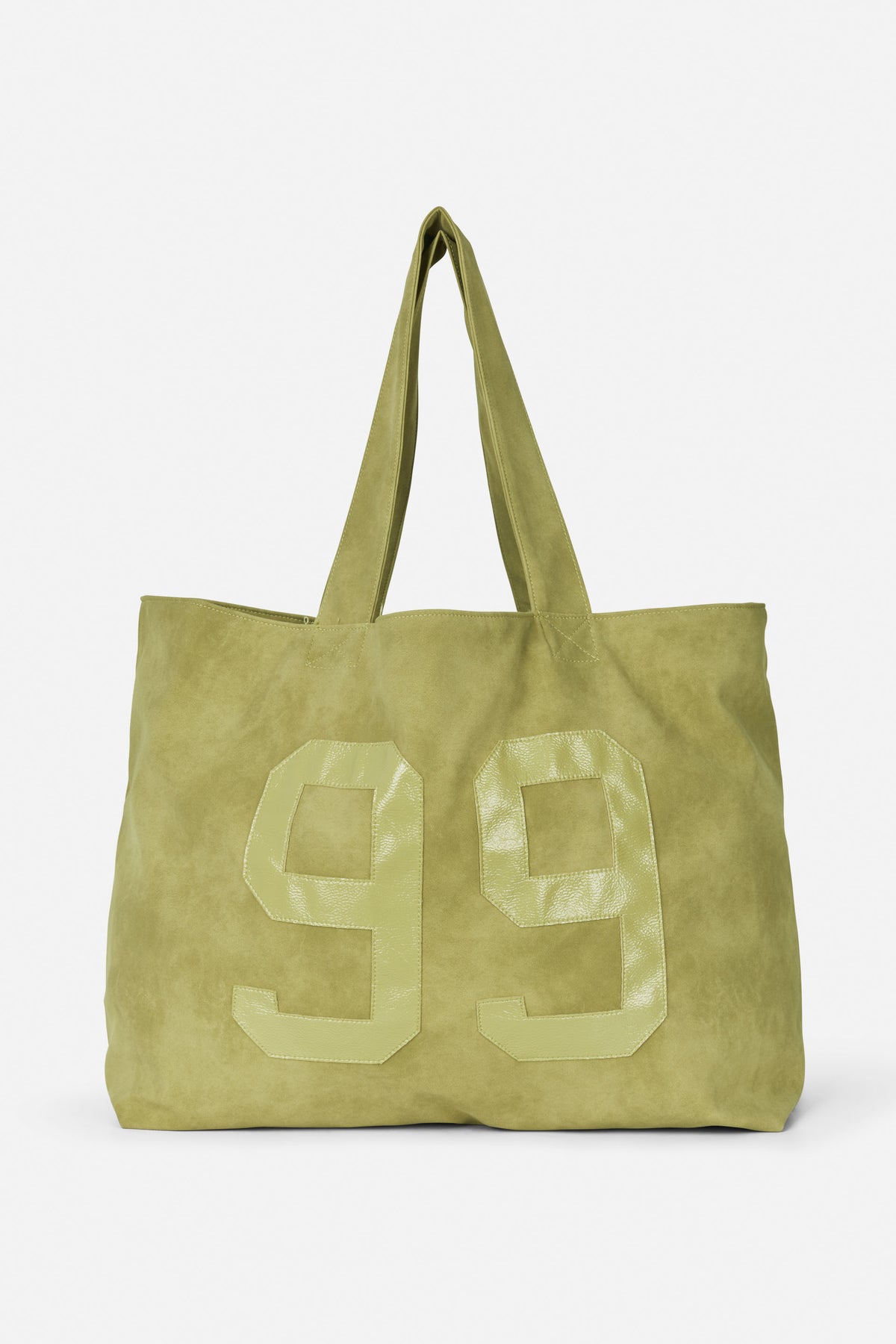 Olive green tote bag with long straps and a large contrasting glossy number appliqué on the front.