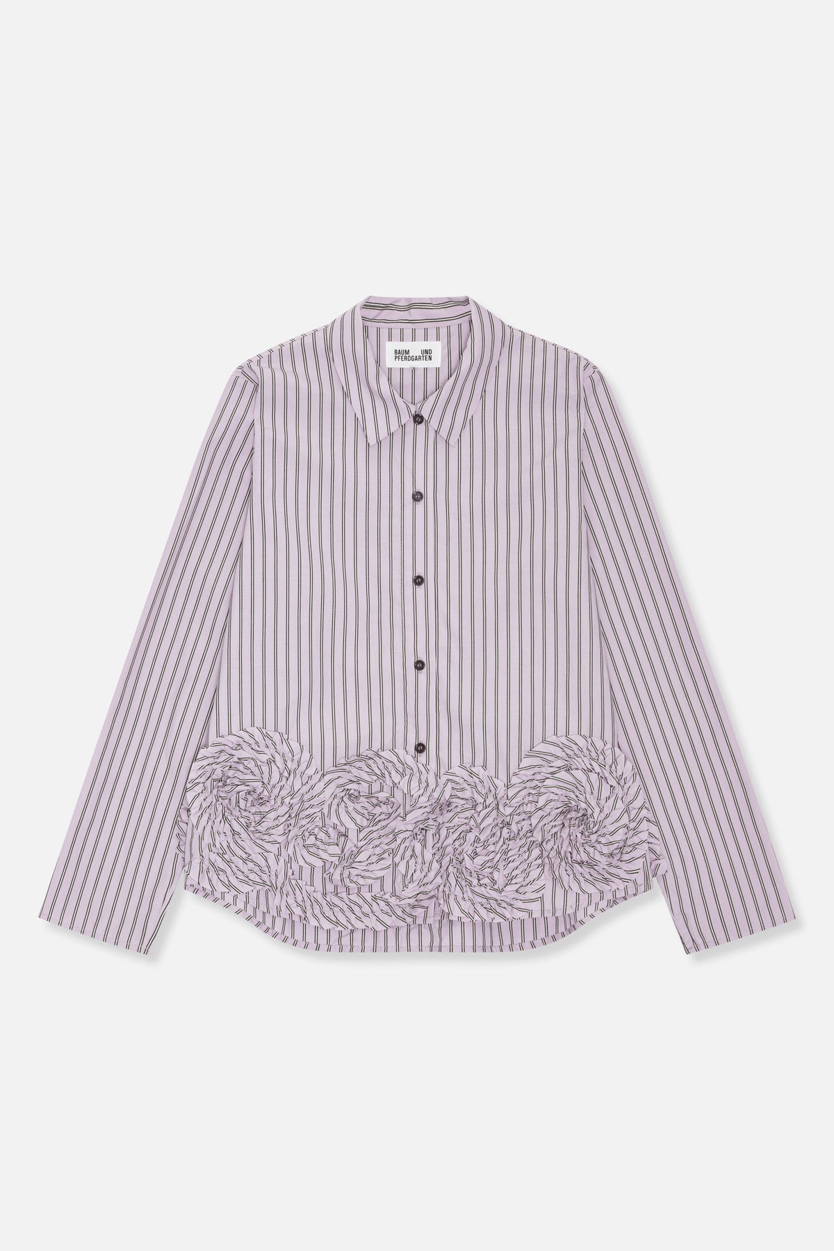 Front view of a lilac long-sleeved button-up shirt with thin dark vertical stripes and gathered ruffle trim across the lower front.