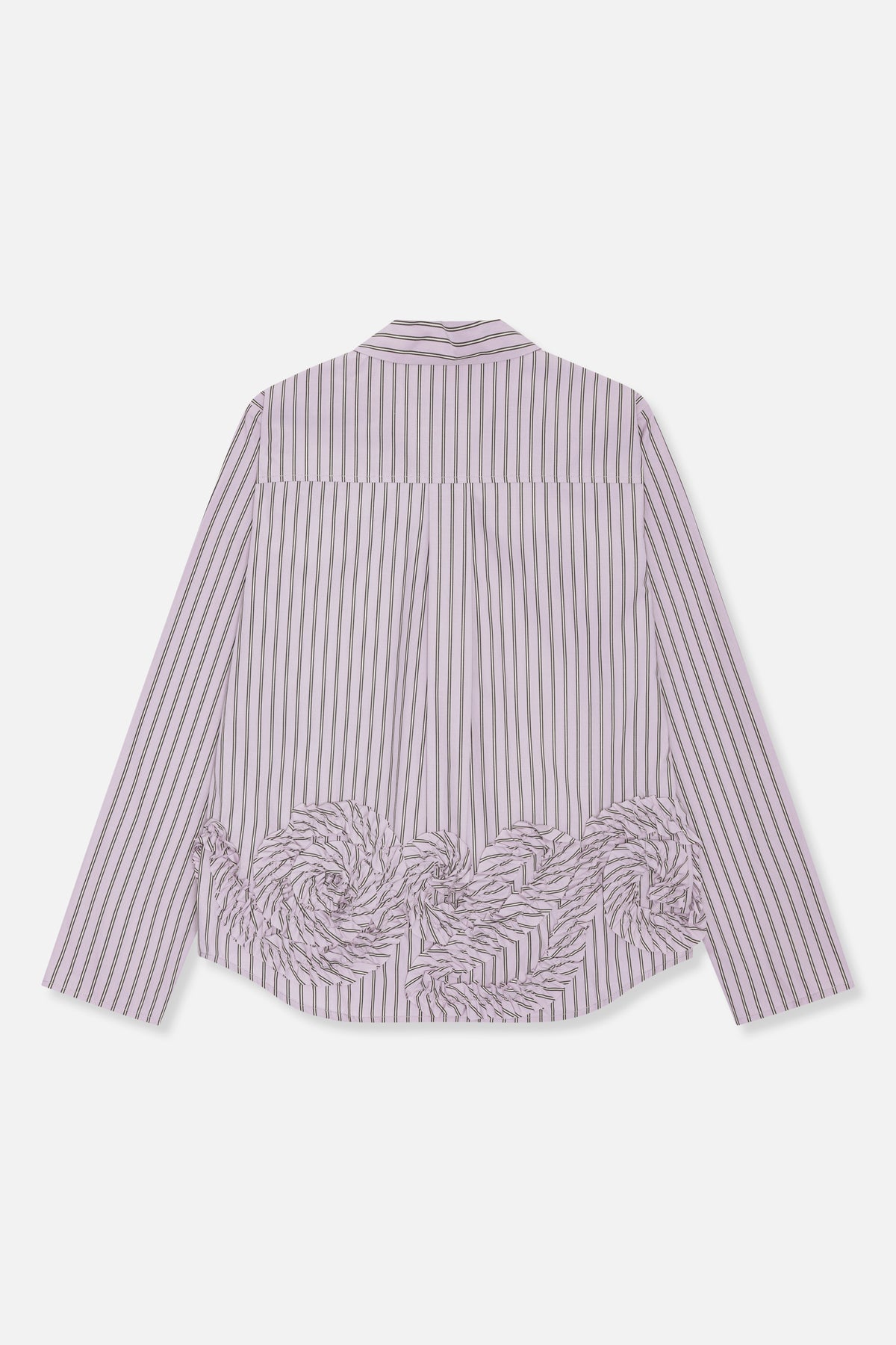 Back view of a pale lavender long-sleeved shirt with fine dark vertical stripes and a gathered ruffle panel across the lower back.