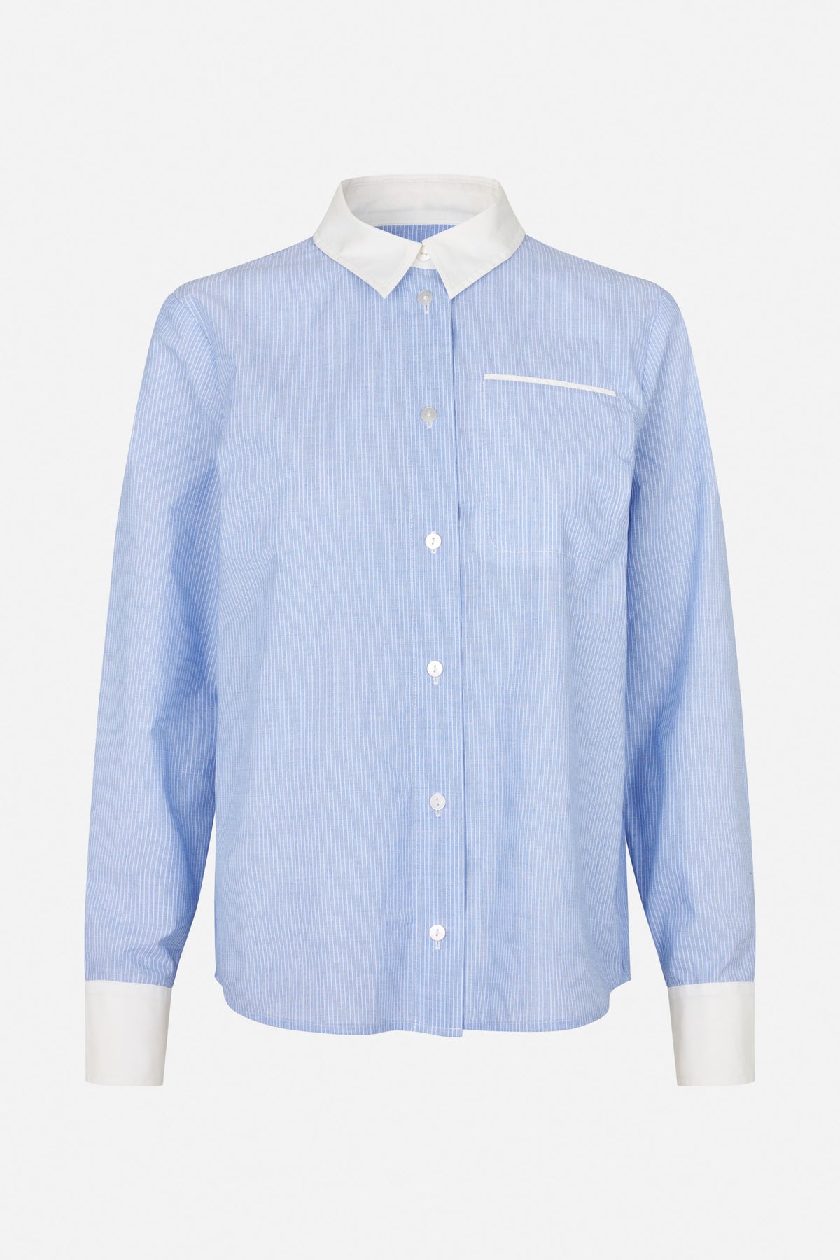 Front view of a light blue pinstriped button-up shirt with a white pointed collar, cuffs and chest pocket trim.