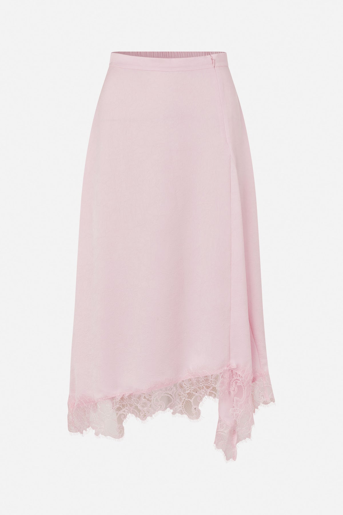 Pale pink long skirt with a side zip and an asymmetrical hem trimmed with sheer floral lace