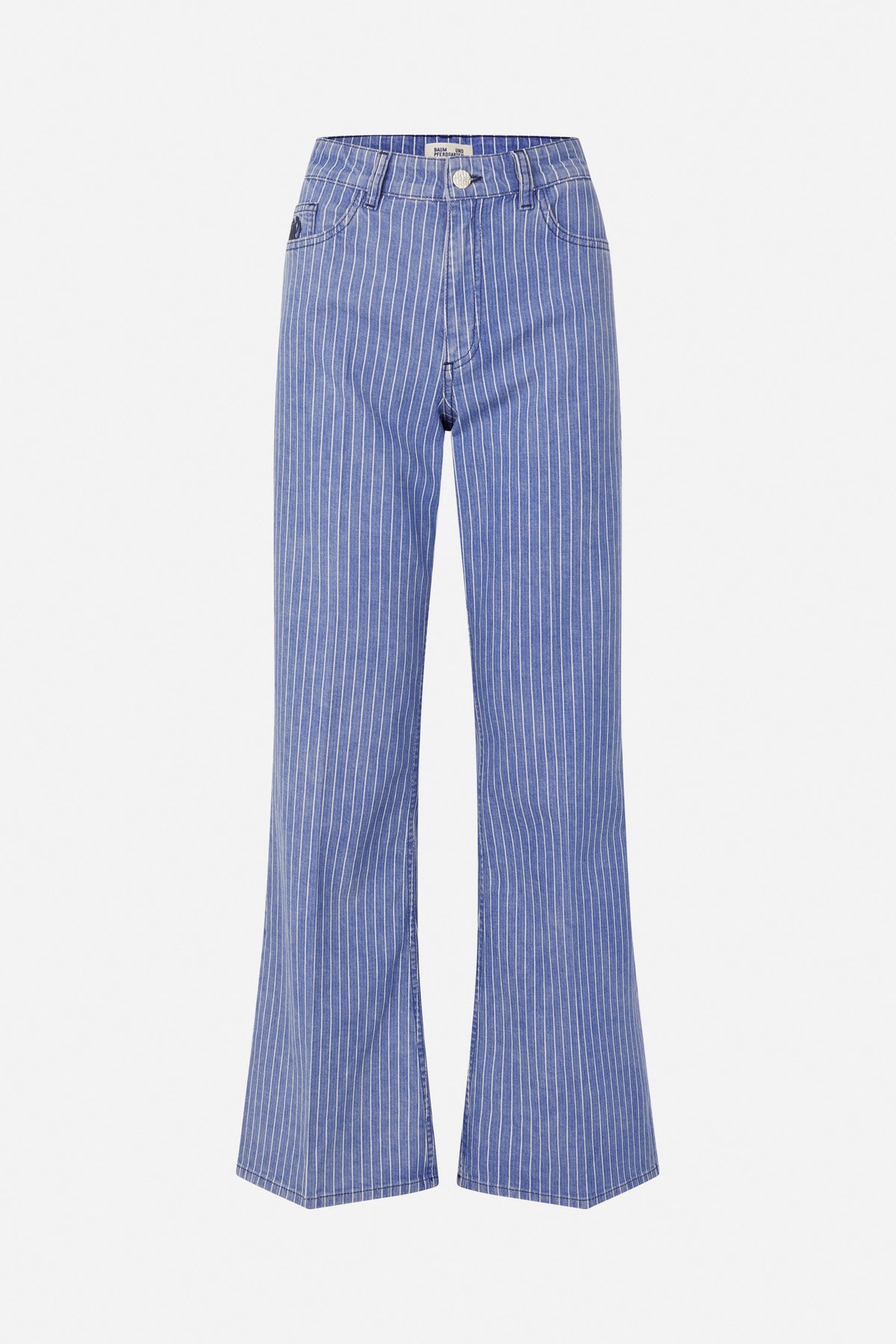Vorderansicht einer blauen Wide-Leg-Jeans mit feinen weißen Nadelstreifen, Gürtelschlaufen, Knopfverschluss und Vordertaschen.