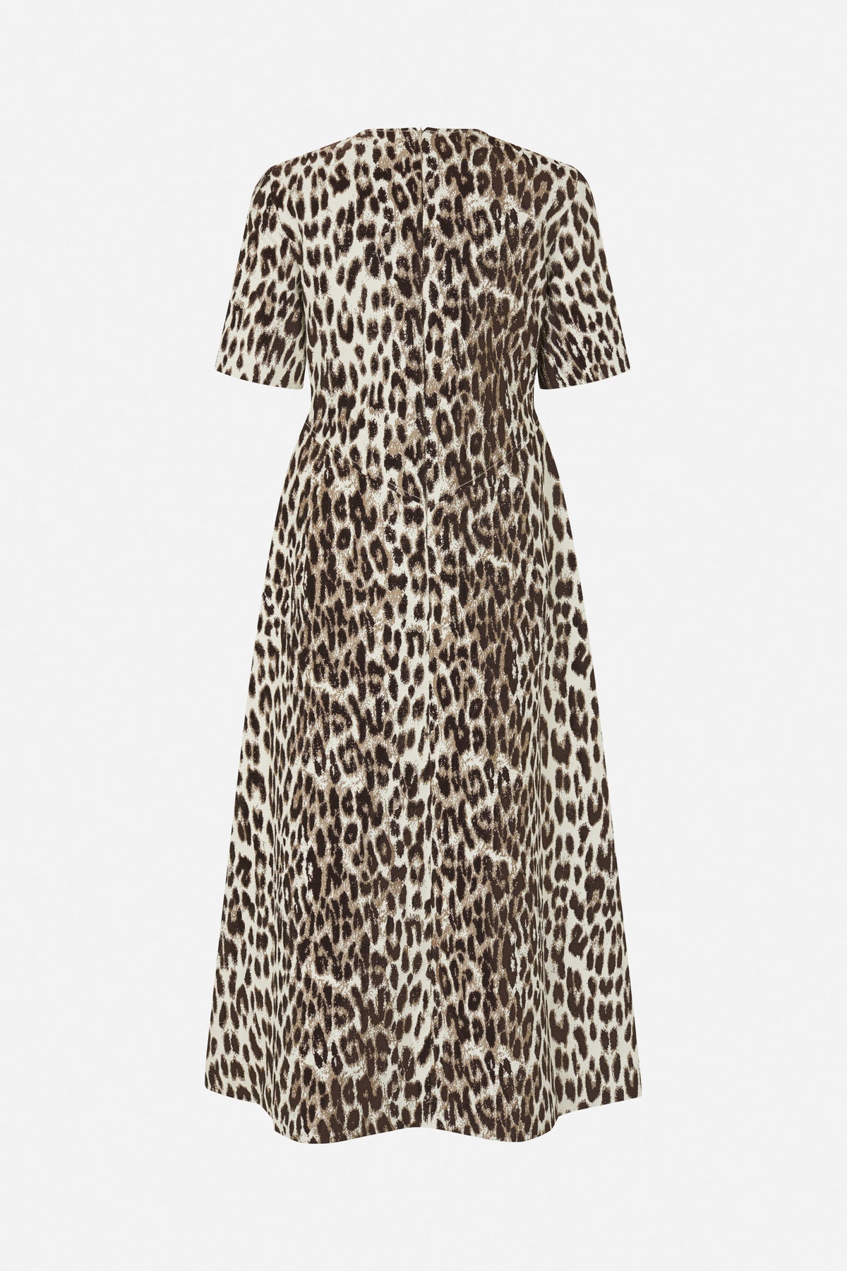 Back view of a short-sleeved A-line dress with an all-over brown and cream animal print and a centre-back zip.