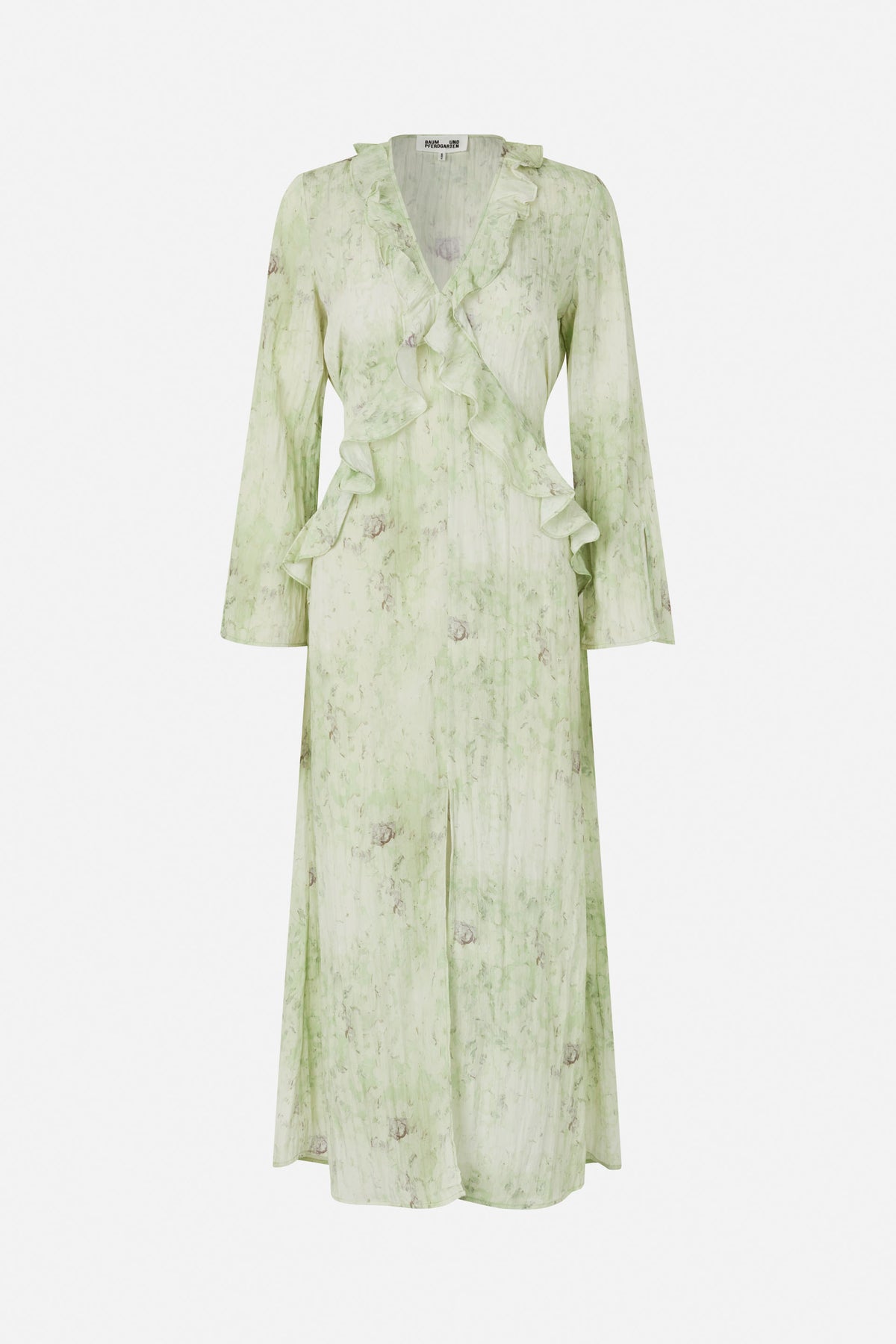 Front view of a long-sleeved pale green maxi dress with an abstract floral print, V-neck wrap front and cascading ruffles.