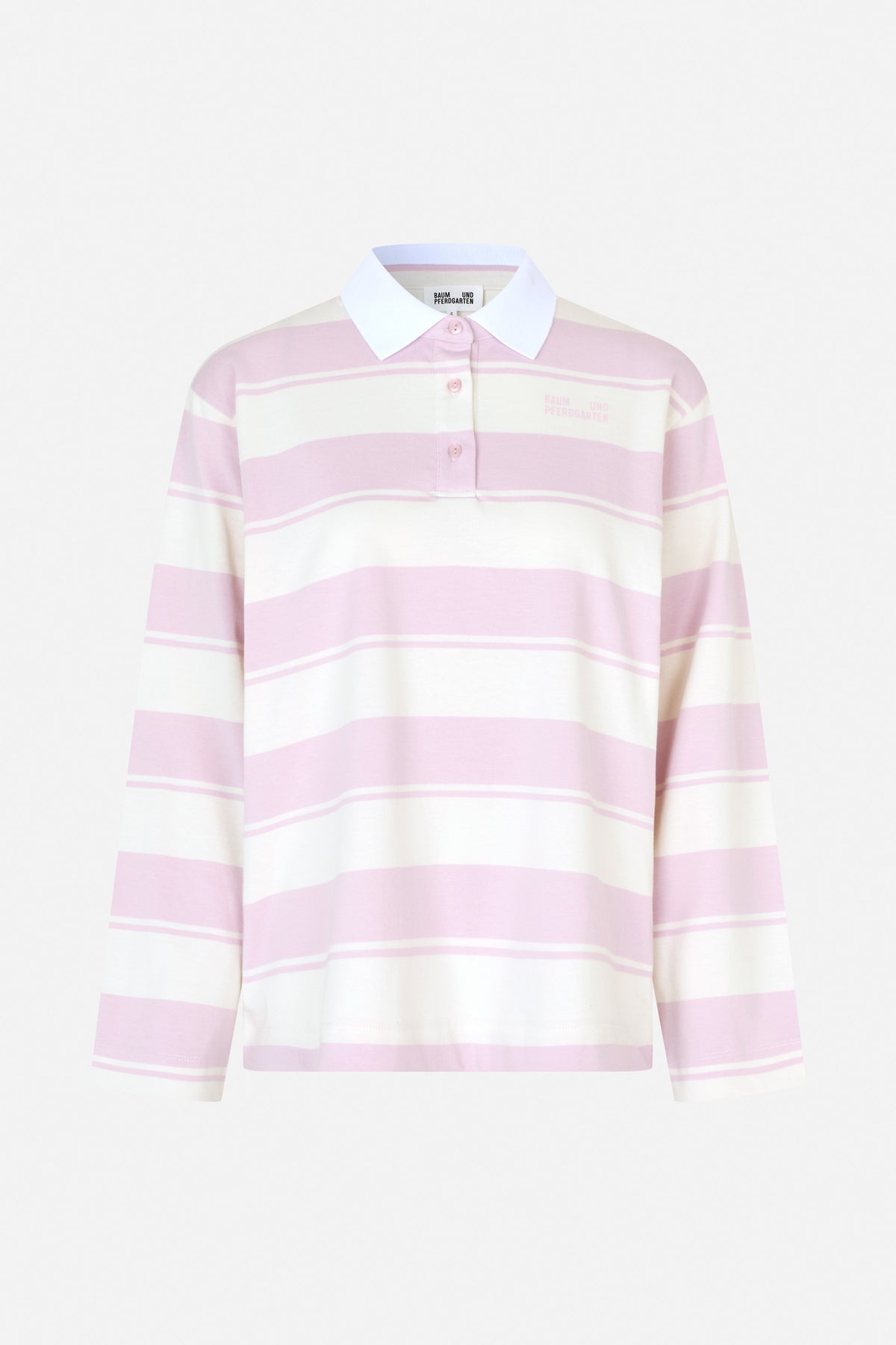 Front view of a long-sleeved rugby shirt with wide pink and white stripes, a white pointed collar, button placket and chest logo.