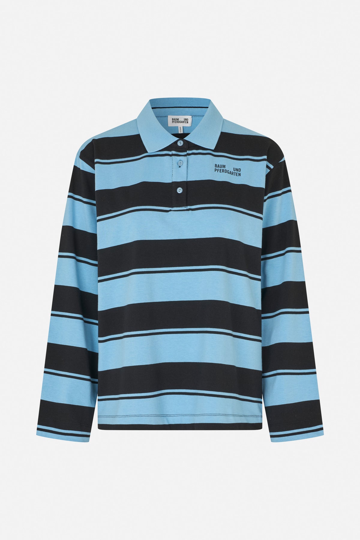 Front view of a long-sleeved polo shirt with broad black and light blue stripes, a pointed collar, button placket and chest logo.