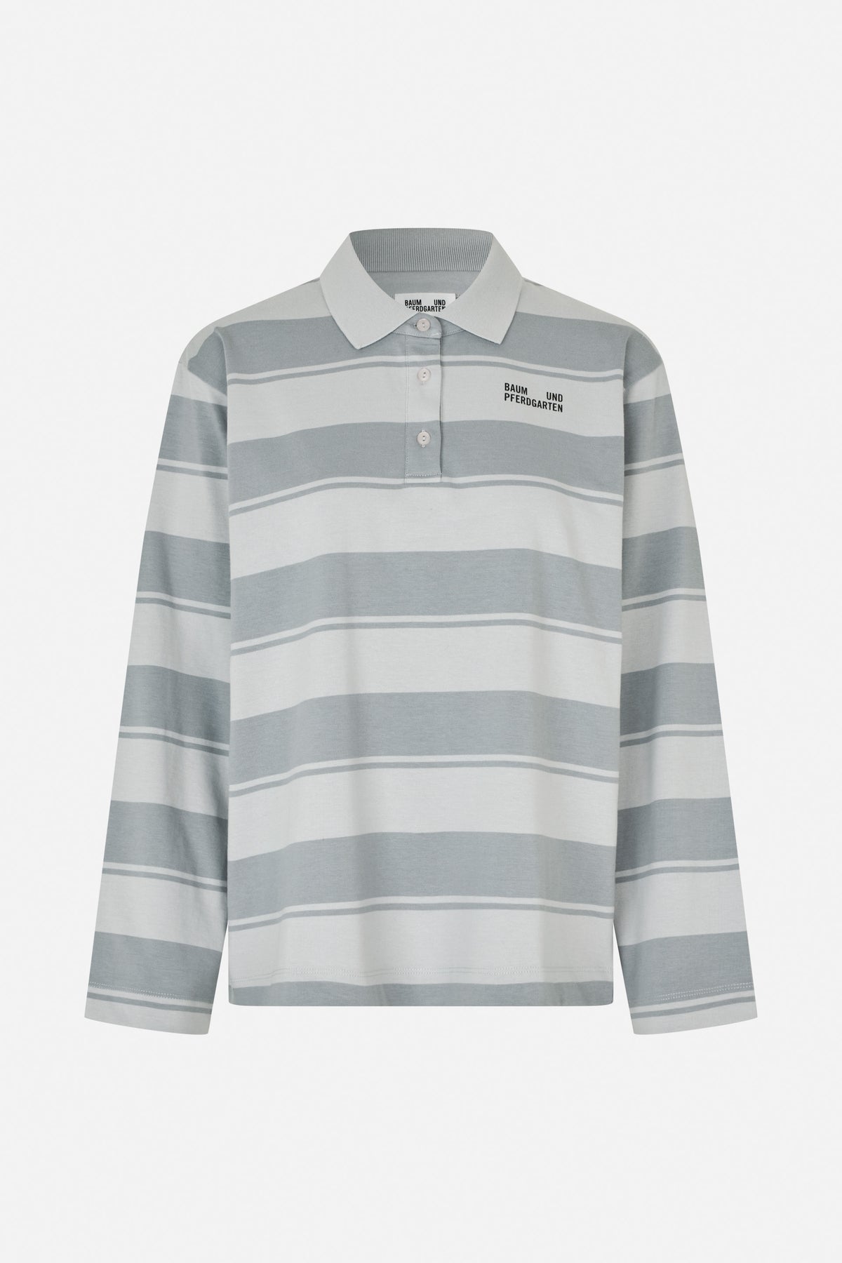 Front view of a long-sleeved polo shirt with broad grey and white stripes, a pale collar, button placket and chest logo.