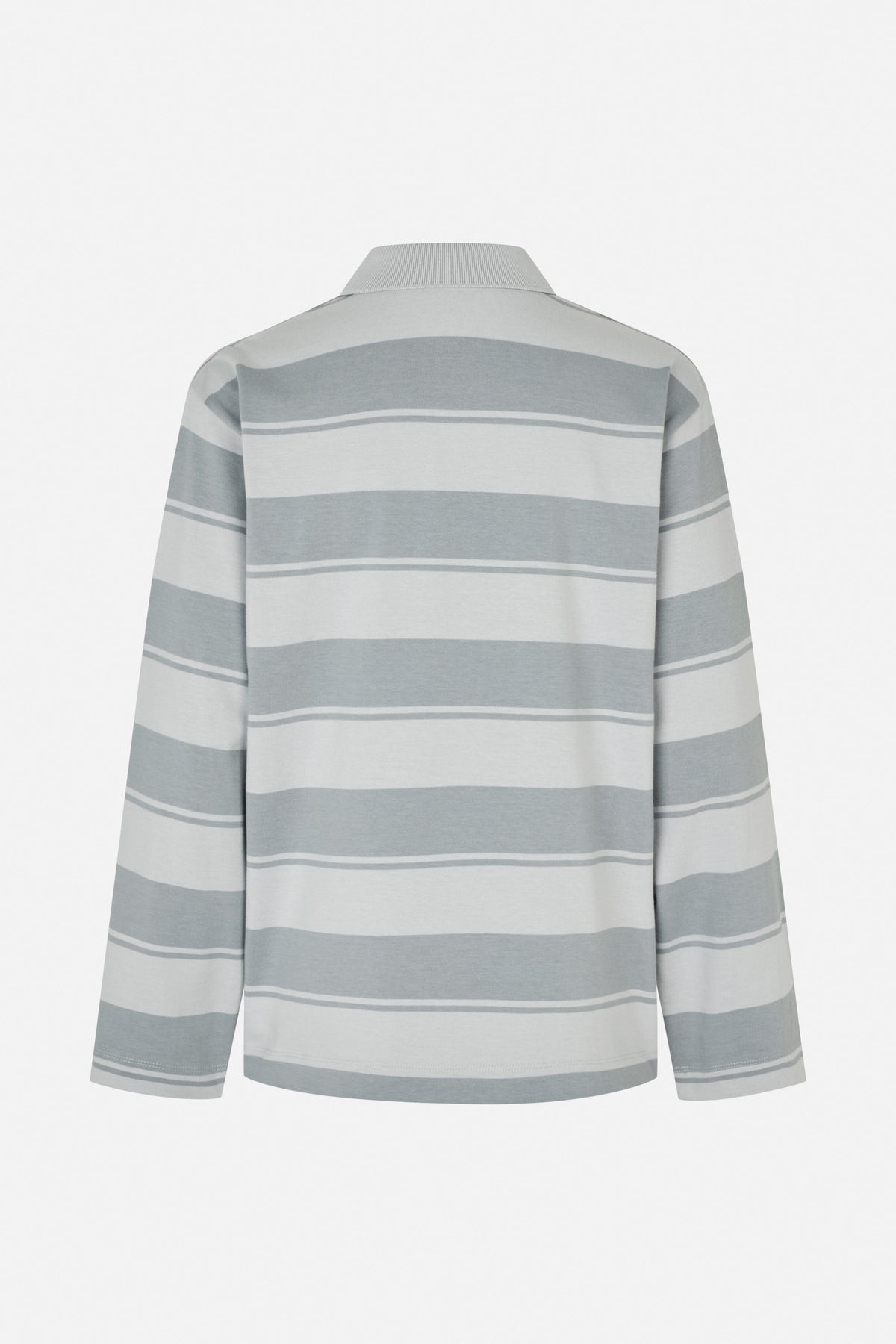 Back view of a long-sleeved collared shirt with broad grey and off-white horizontal stripes.