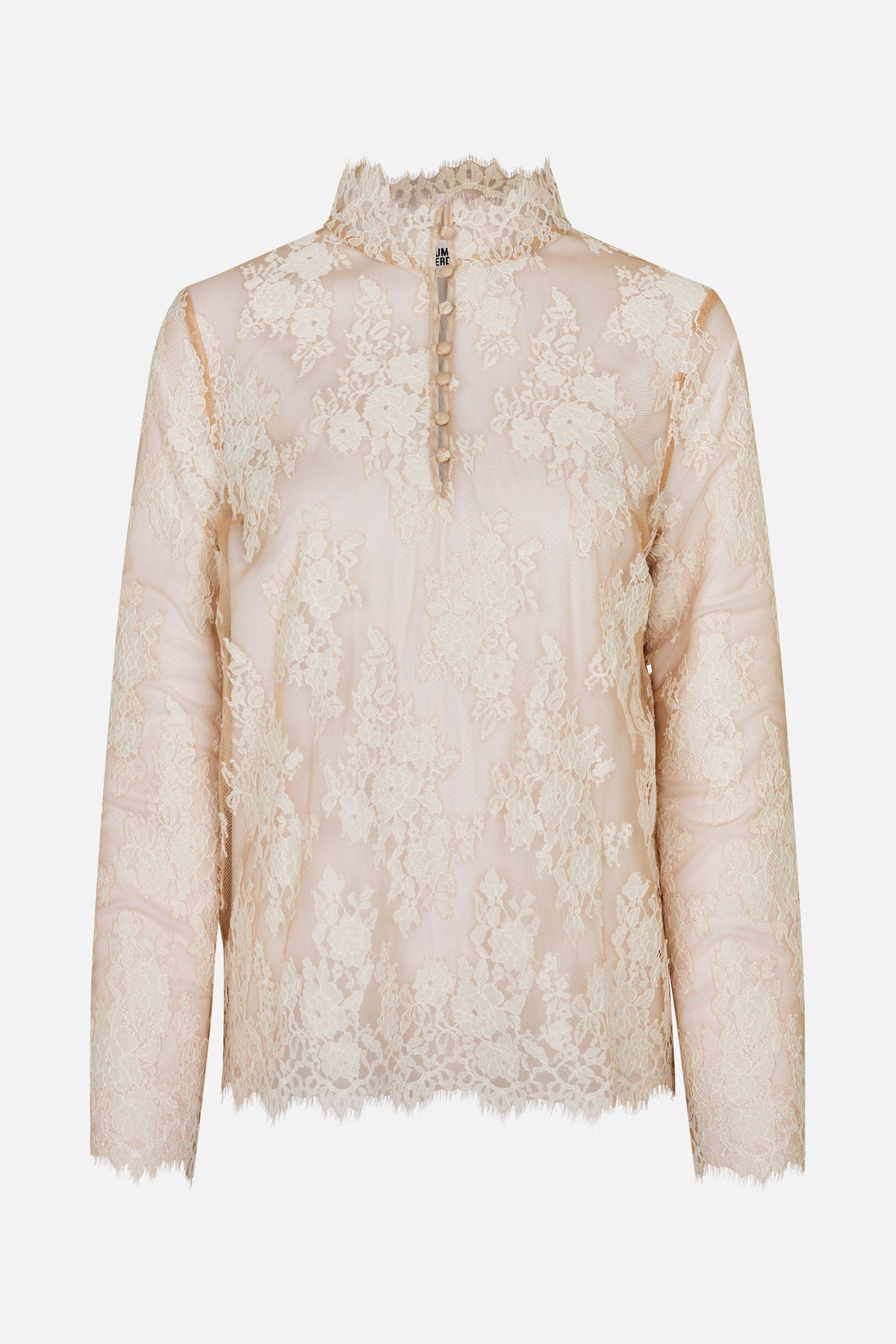 Front view of a sheer pale blush blouse with floral lace, a high ruffled collar, covered buttons and scalloped edges.