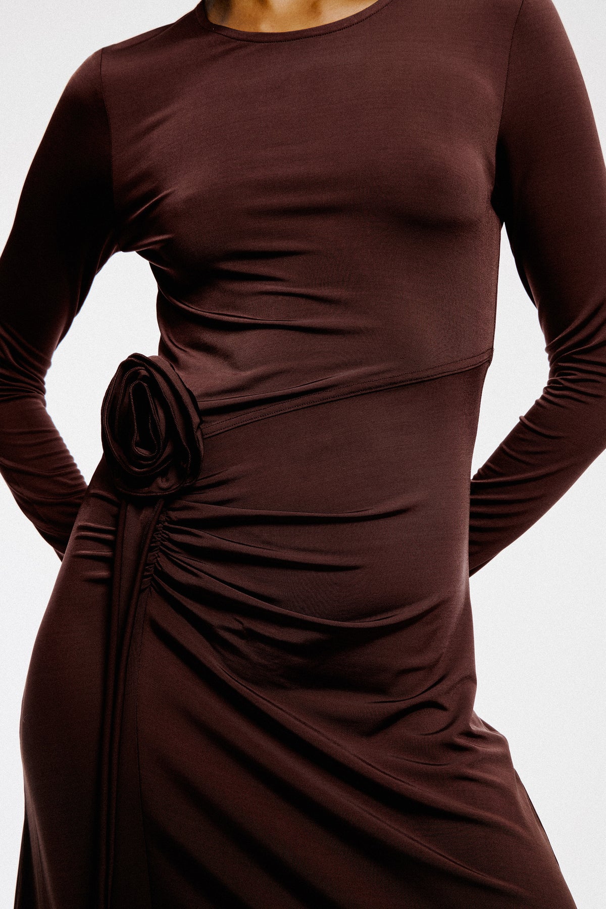 Close-up of a dark brown long-sleeved dress with a round neckline, waist seam, gathered draping and rosette detail.