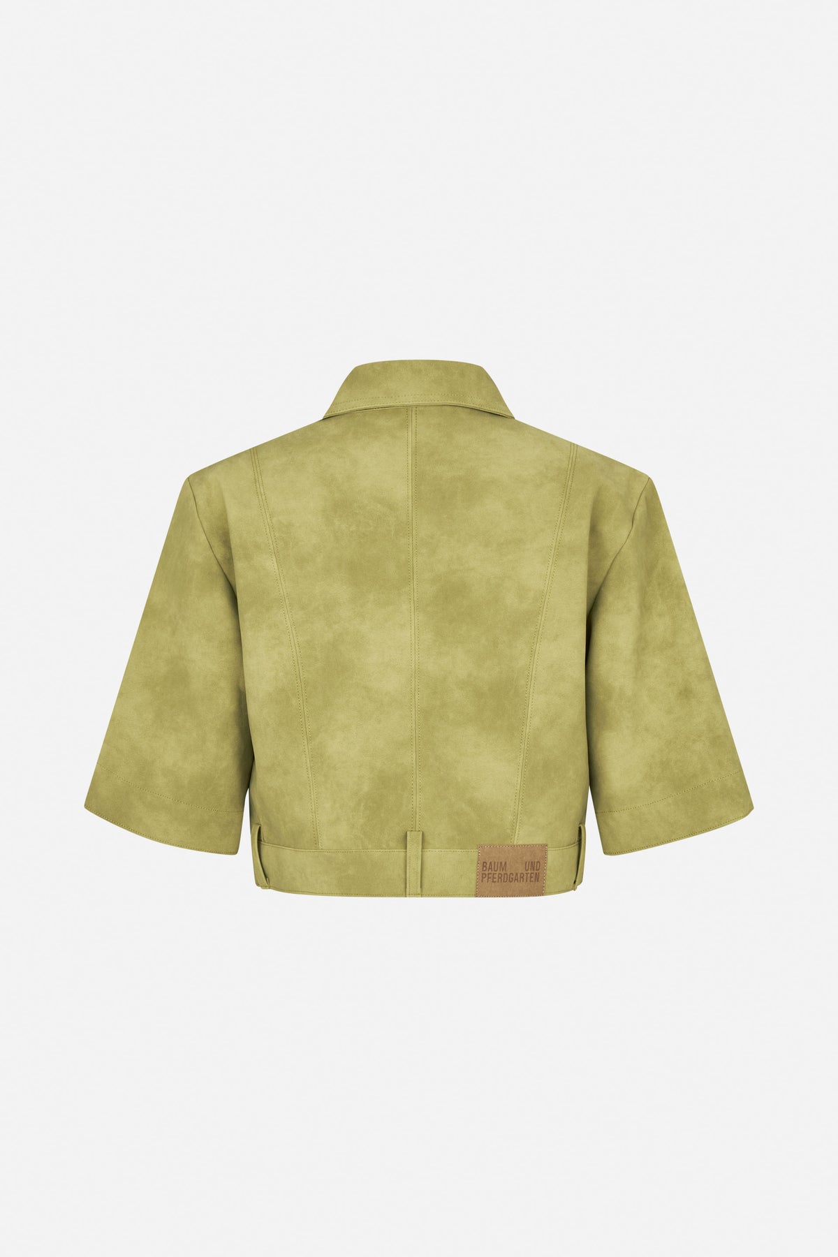 Back view of a cropped olive-green jacket with short sleeves, a stand collar, vertical seams and a waist tab.