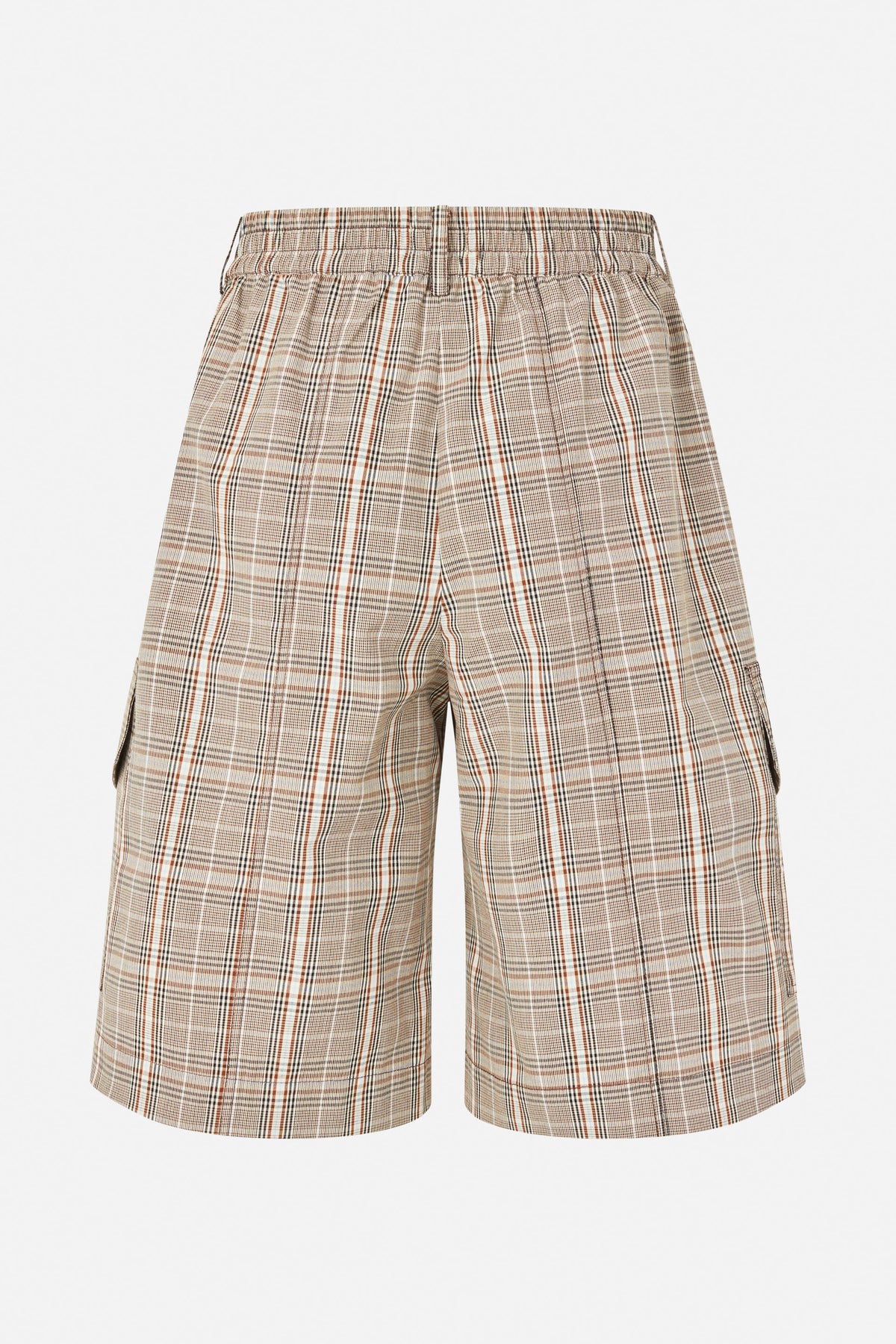 Front view of relaxed plaid shorts in cream, tan, rust and dark brown, with an elasticated waistband and side pockets.