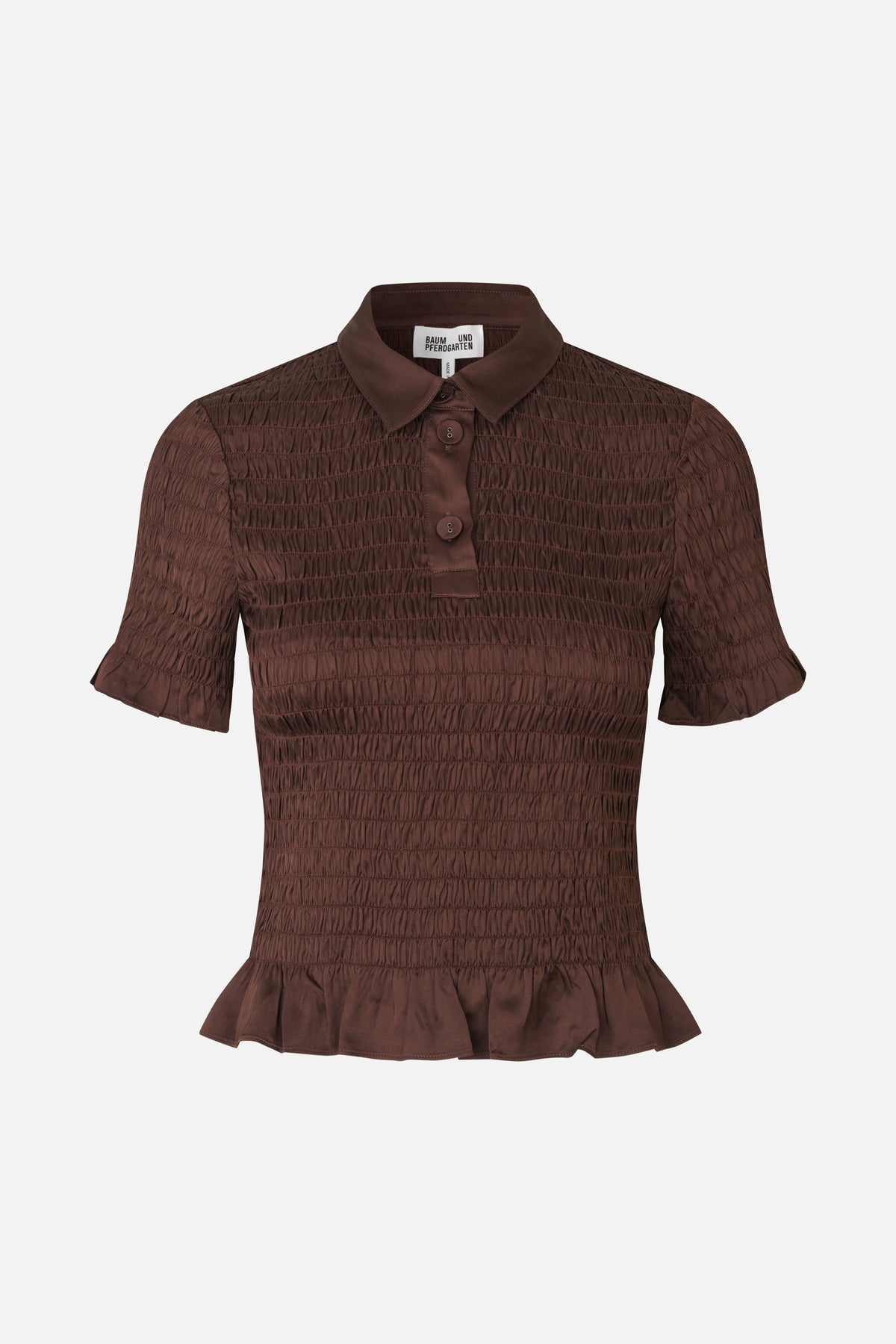 Front view of a dark brown short-sleeved blouse with a pointed collar, button placket, horizontal shirring and flounced hem.