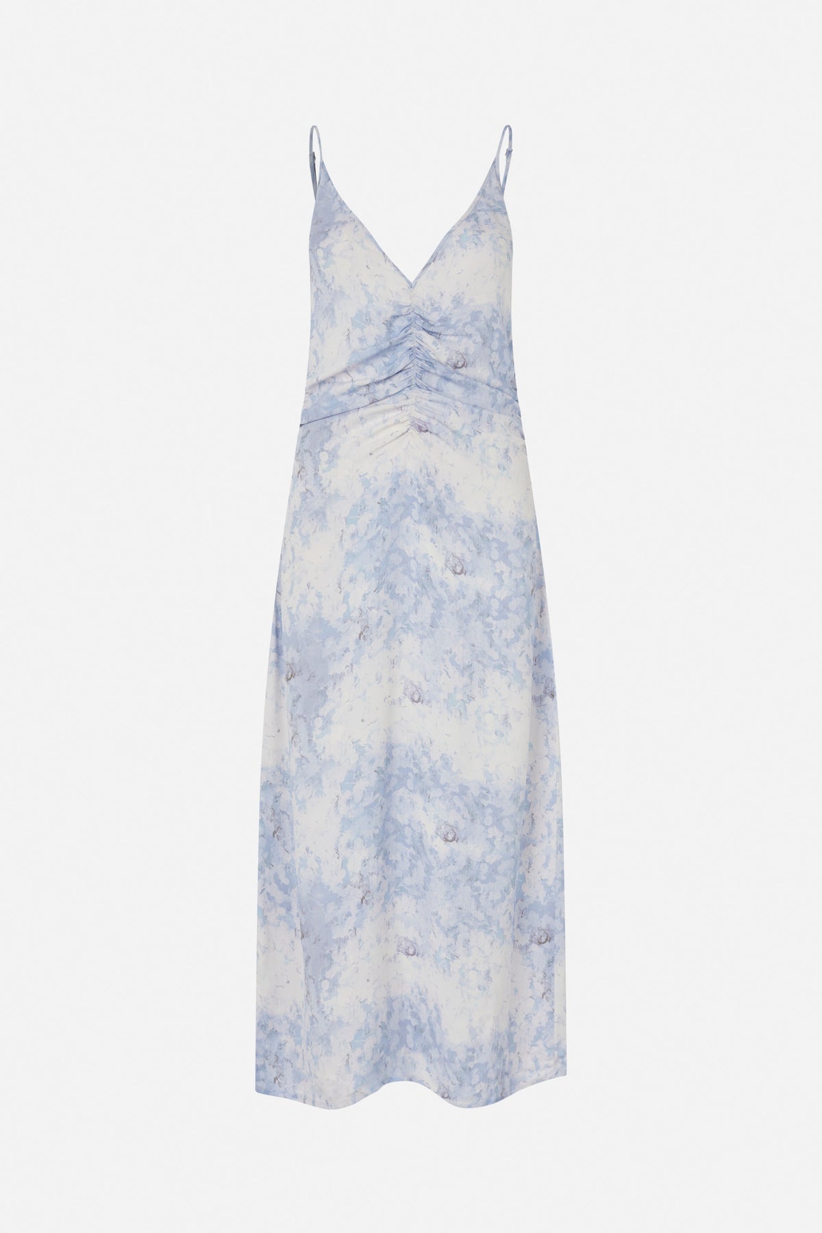 Front view of a long slip dress with thin straps, a deep V-neck, gathered ruching and a pale blue and white abstract print.