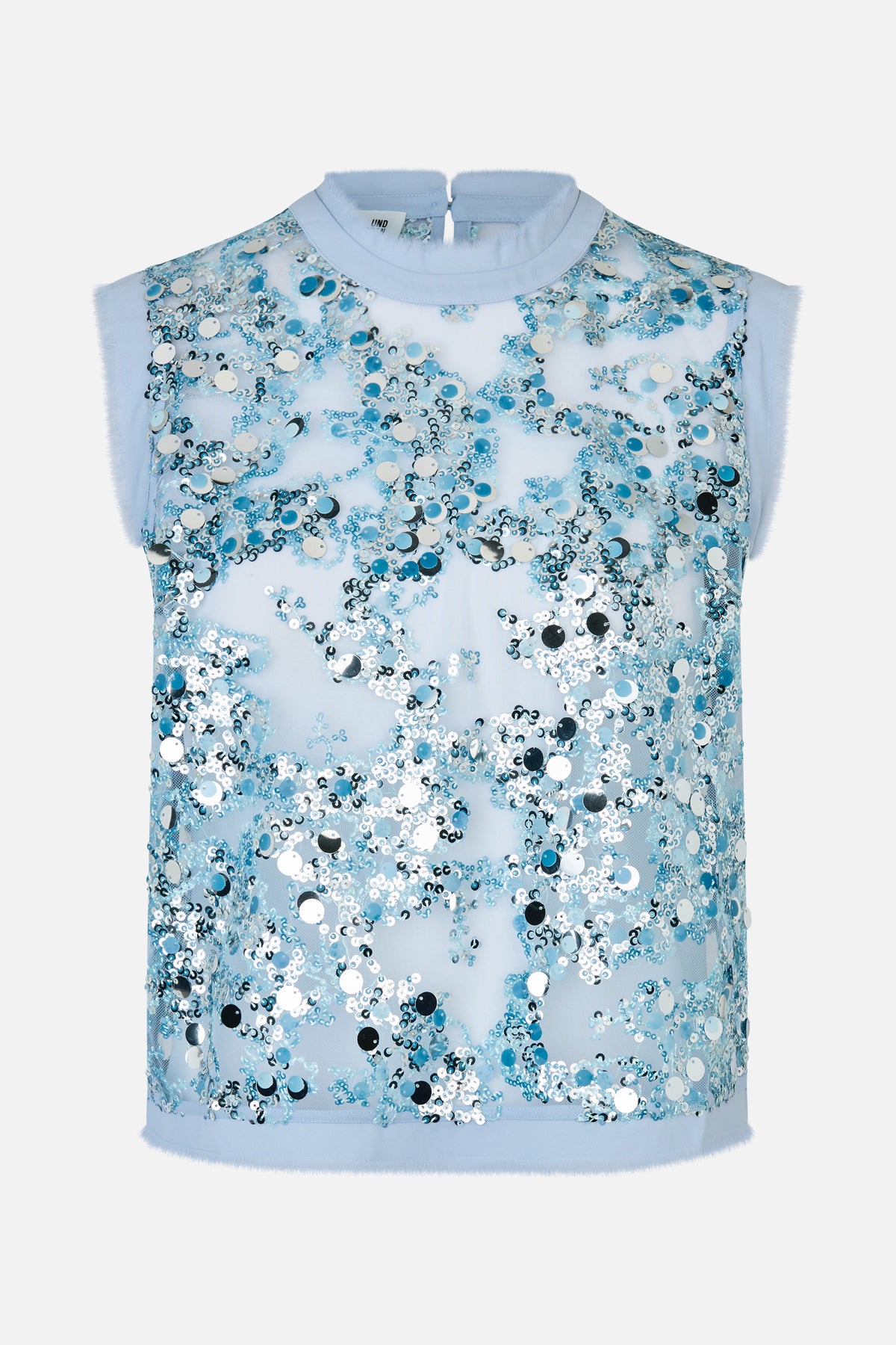 Front view of a pale blue sleeveless high-neck top with a sheer mesh overlay and irregular blue, white and black sequins.