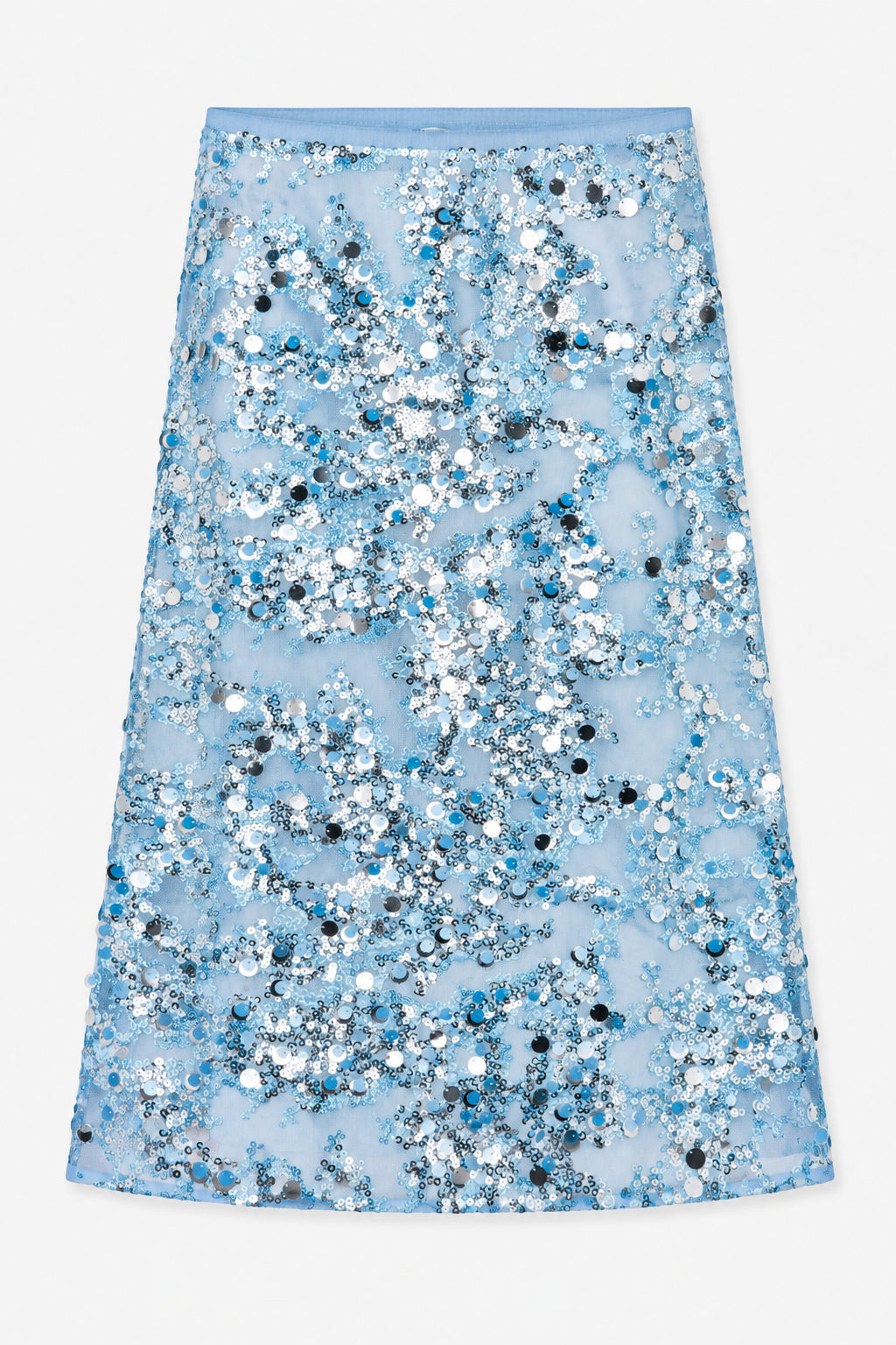 Vooraanzicht van een lichtblauwe A-lijnrok bedekt met dichtgeplaatste witte, zilveren, zwarte en blauwe pailletten.