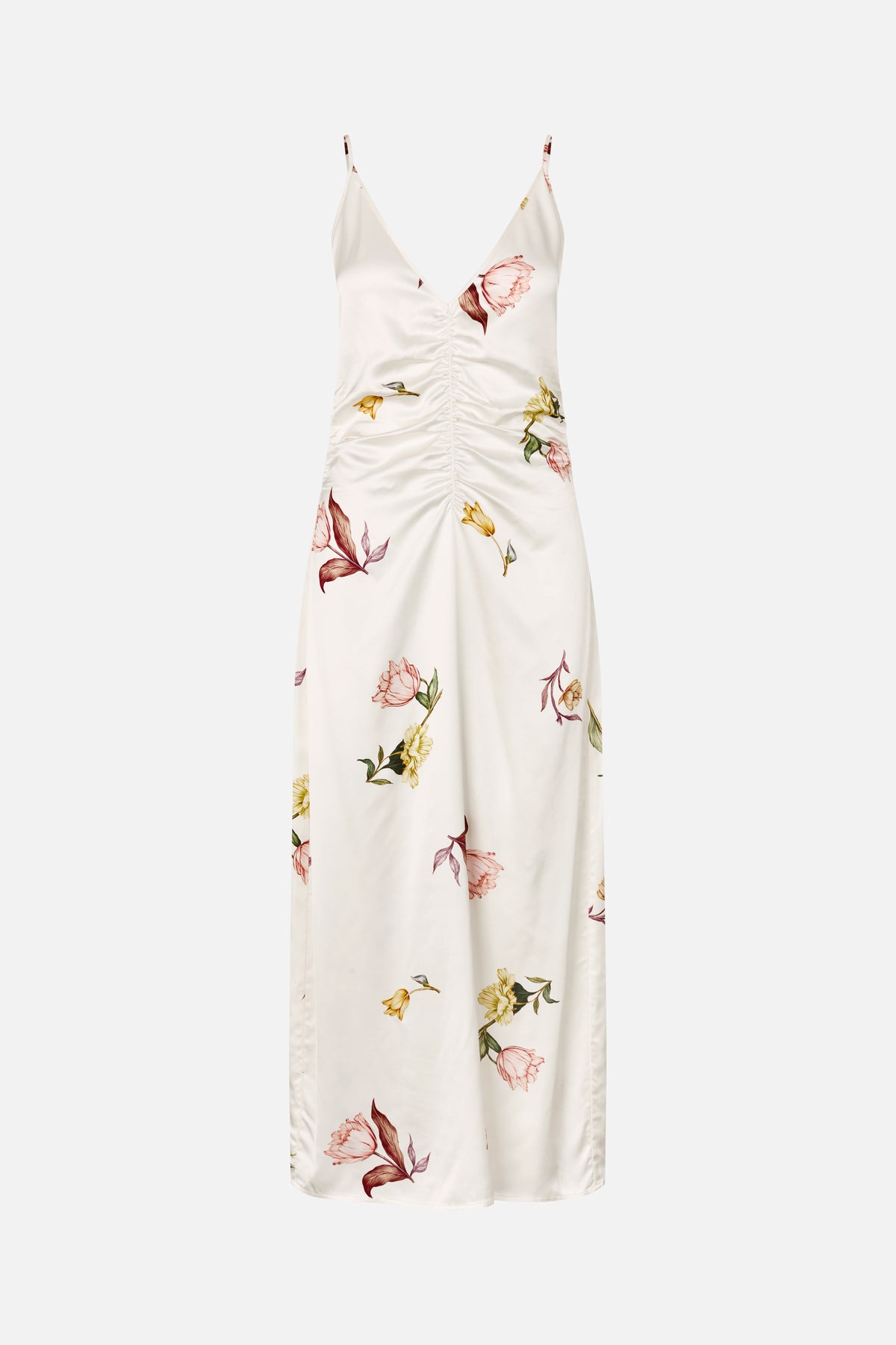 Ivory floral print slip dress with spaghetti straps, a deep V-neck and gathered ruching down the front.