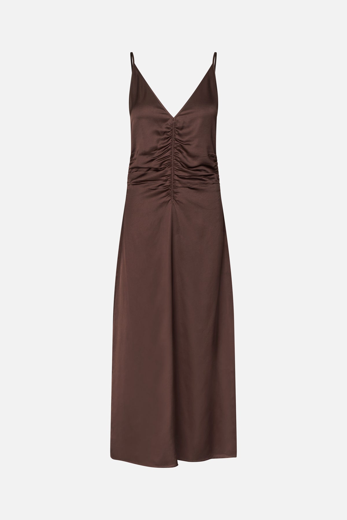 Front view of a chocolate brown slip dress with thin straps, a deep V-neck and ruched detailing down the bodice.
