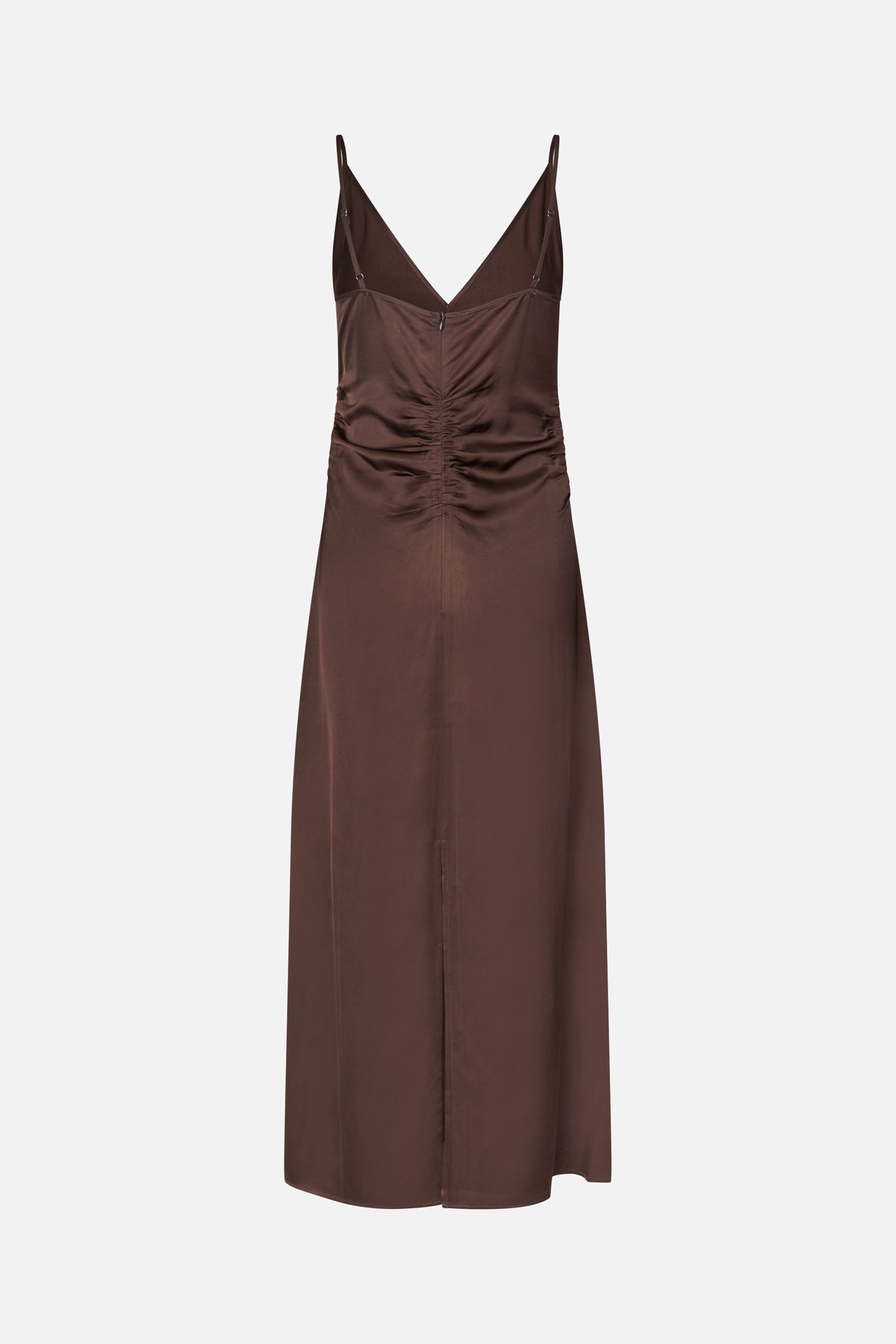 Front view of a dark brown slip dress with adjustable spaghetti straps, a V-neckline, ruched front and thigh-high slit.