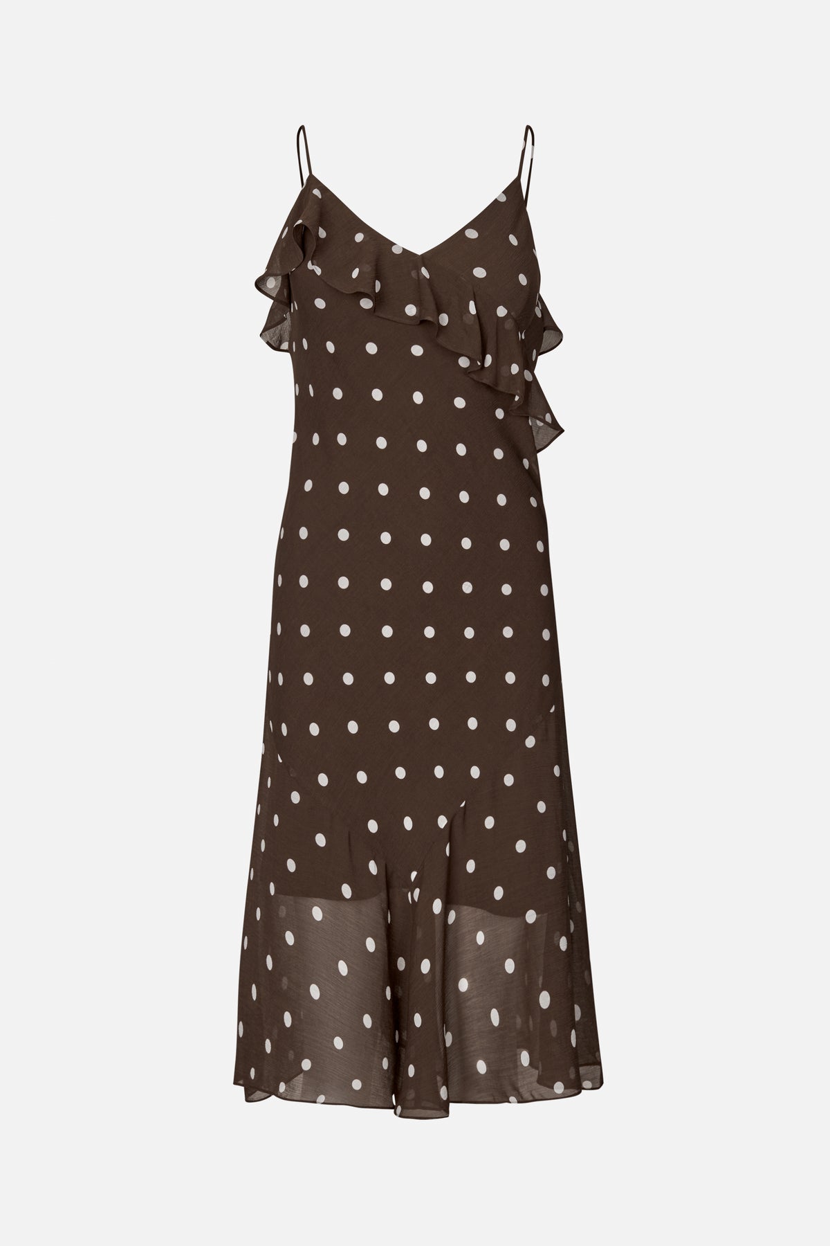 Front view of a brown spaghetti-strap dress with white polka dots, a V-neckline and a cascading ruffle across the bodice.