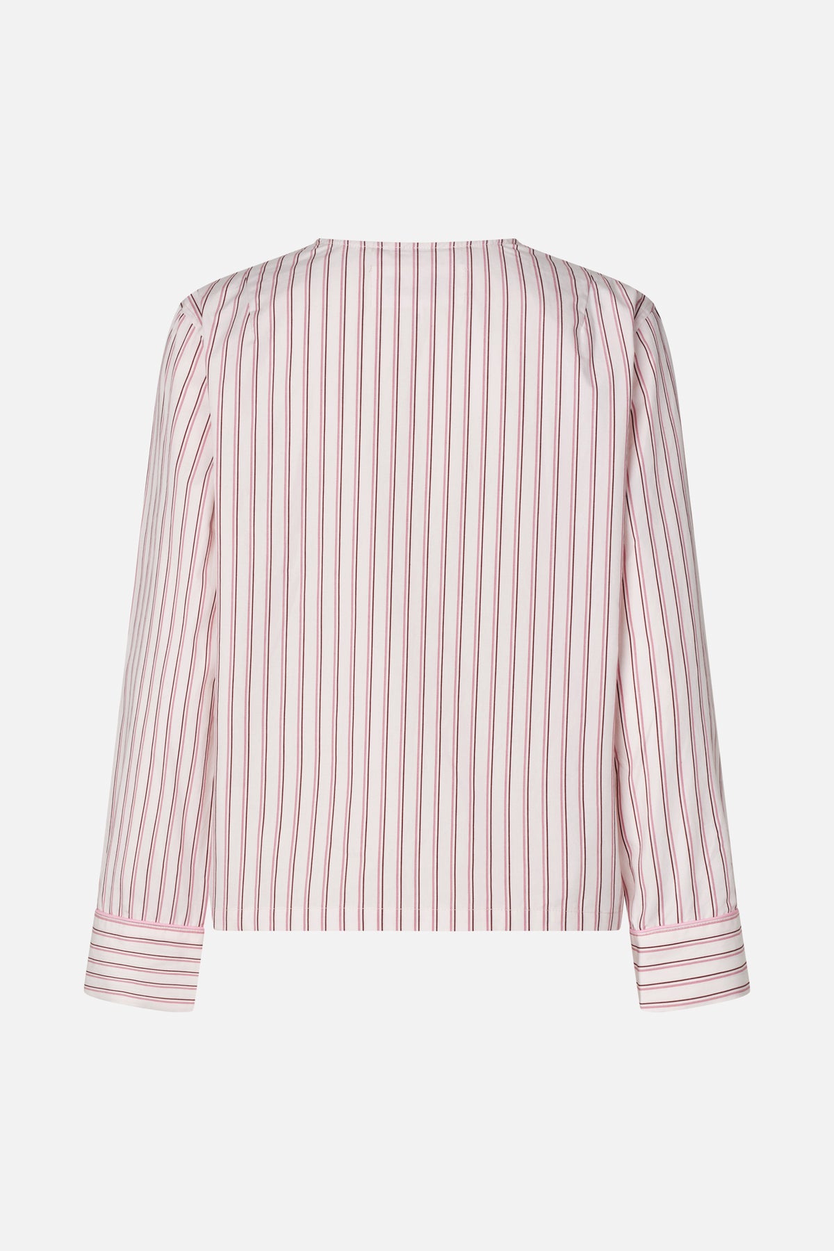 Back view of a pale pink long-sleeved blouse with narrow burgundy vertical stripes and wide striped cuffs.