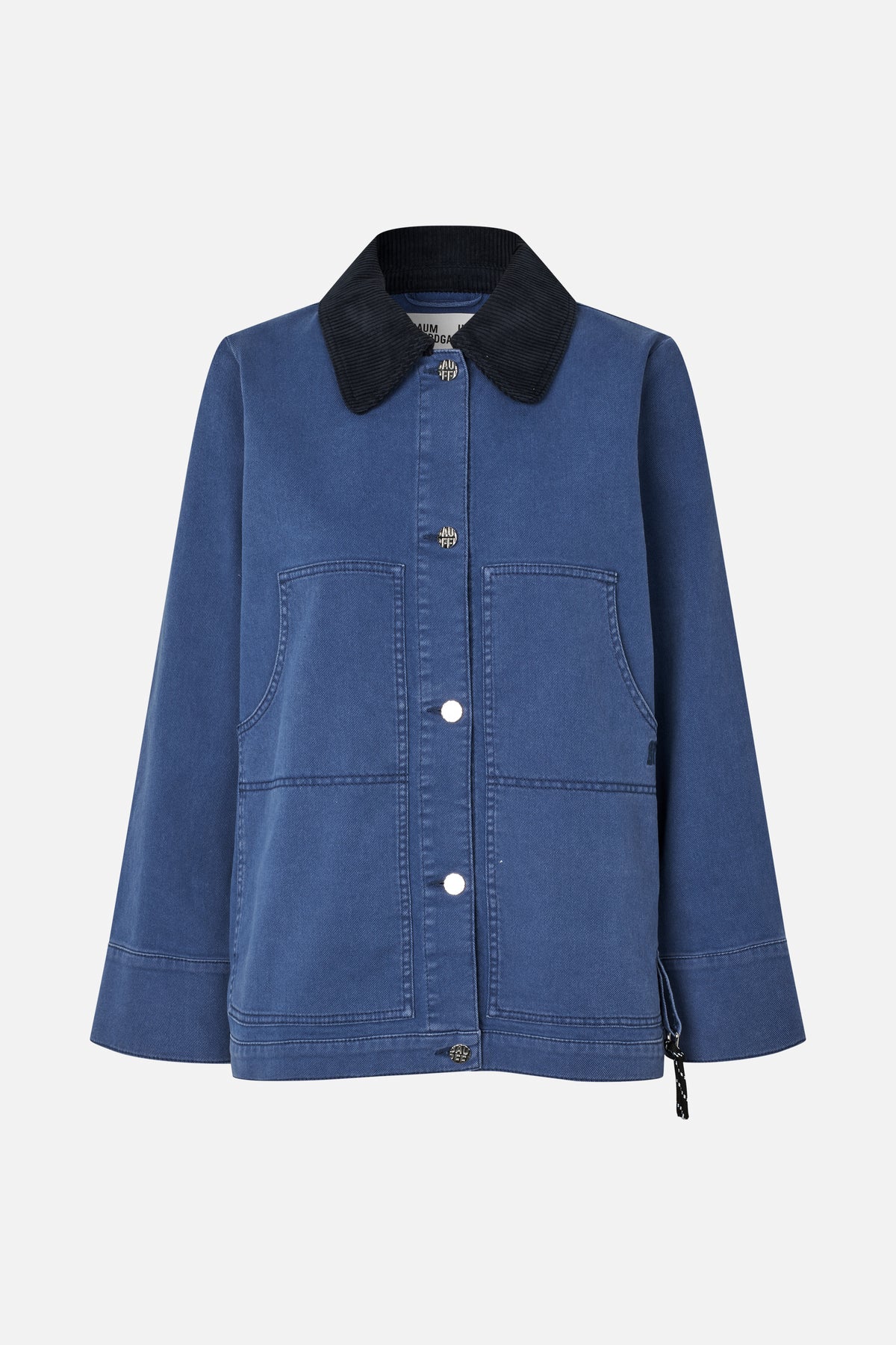 Front view of a blue jacket with a black ribbed collar, button fastening and two large patch pockets.