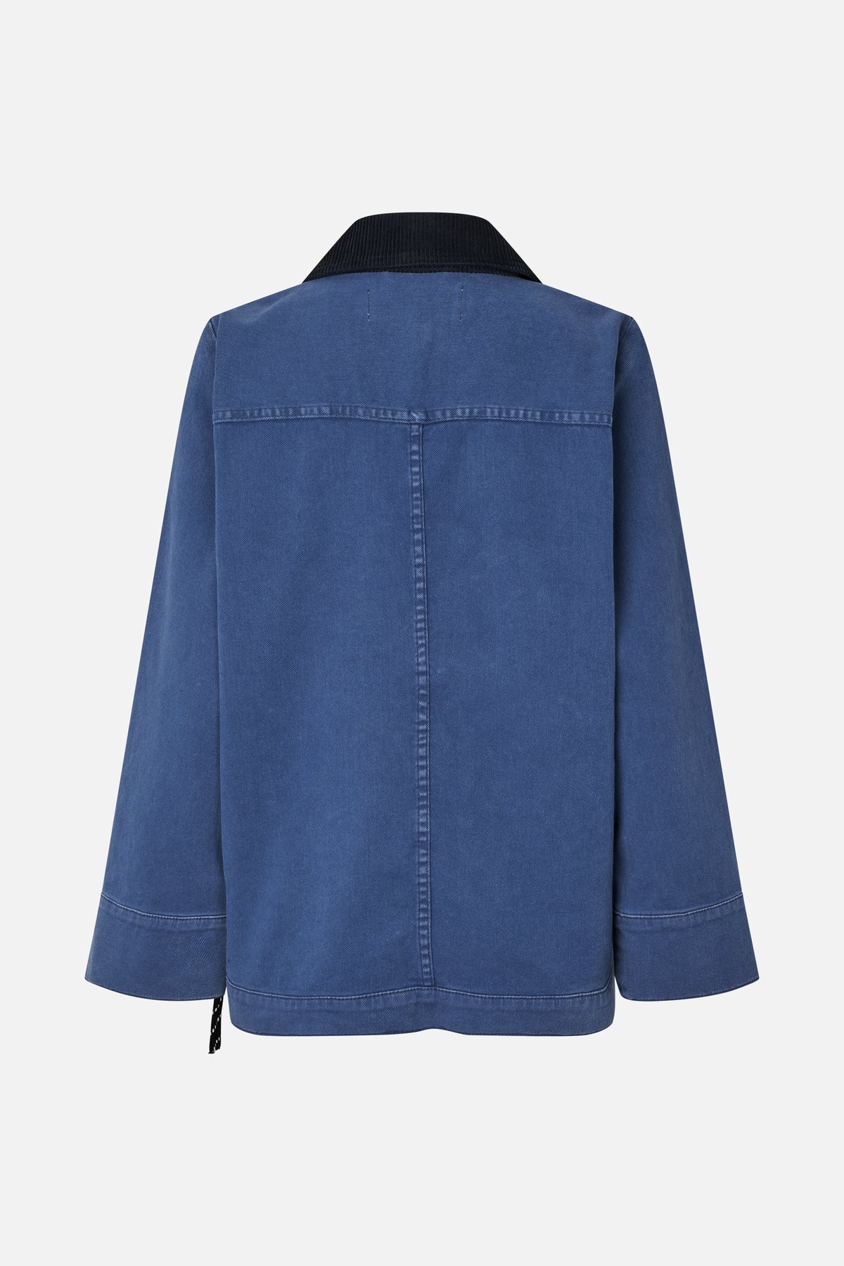 Back view of a blue jacket with a black ribbed collar, central seam, and wide cuffs.