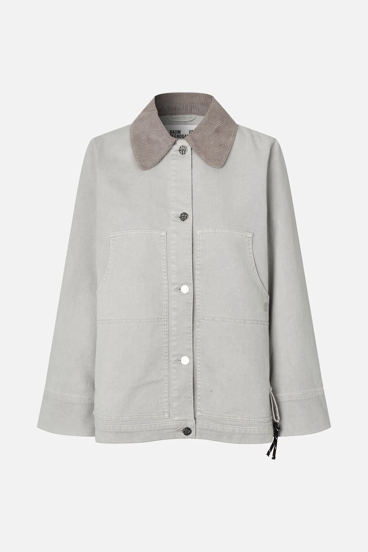 Front view of a light grey jacket with a taupe corduroy collar, snap buttons, two patch pockets and an adjustable side drawcord.