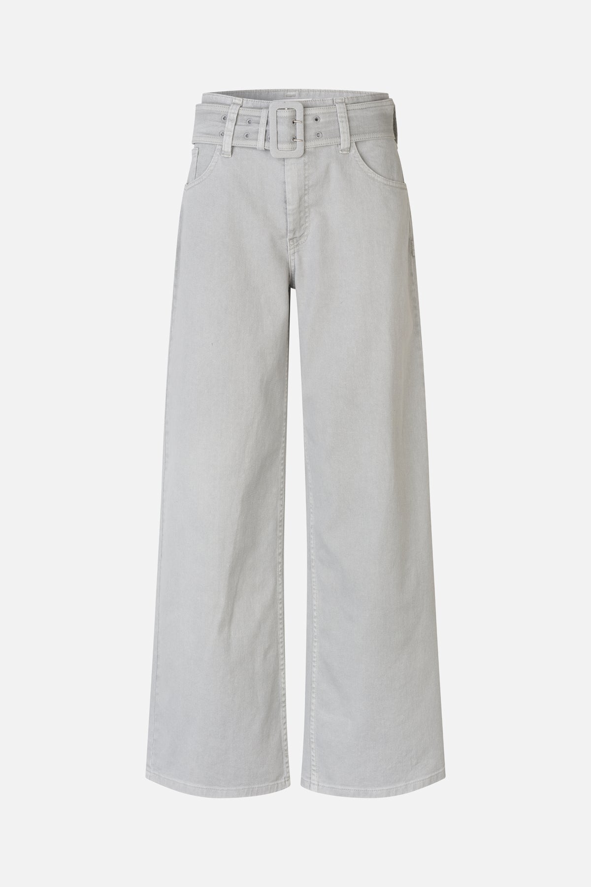 Light grey wide-leg denim trousers with a matching belt and rectangular buckle, shown from the front