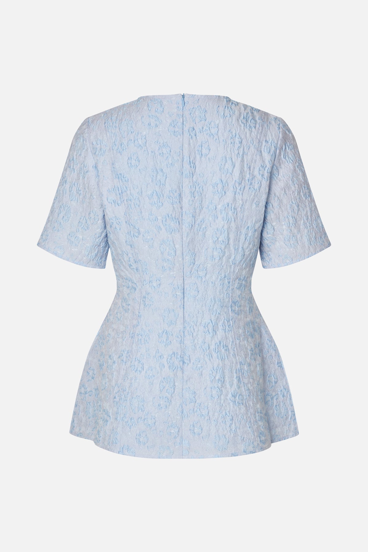 Vue arrière d'une robe en jacquard floral bleu pâle, à manches courtes, taille cintrée, jupe évasée et fermeture éclair au centre du dos.