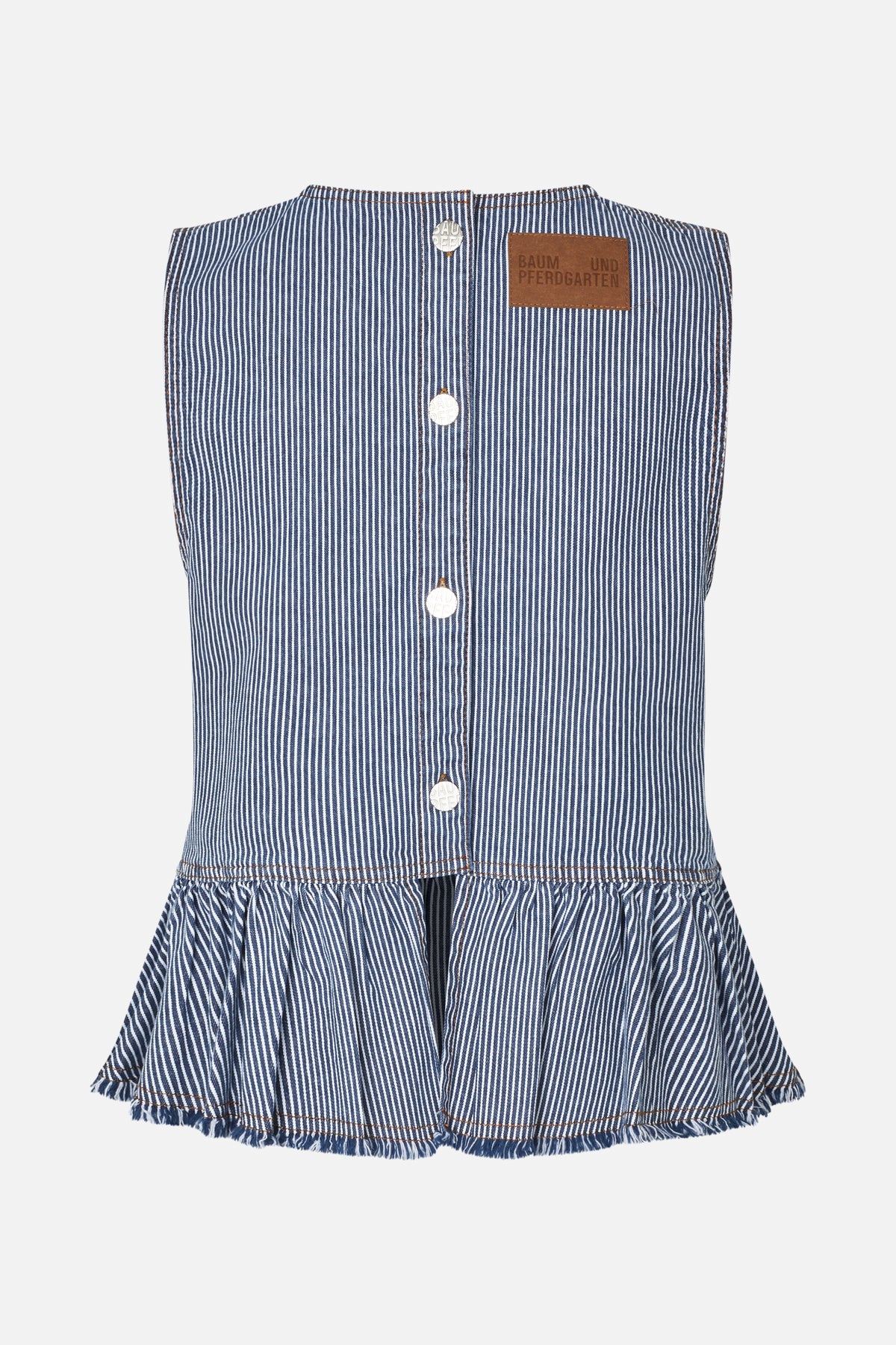 Blue-and-white pinstriped sleeveless dress, front view, with branded buttons, a brown chest patch and a gathered frayed hem.