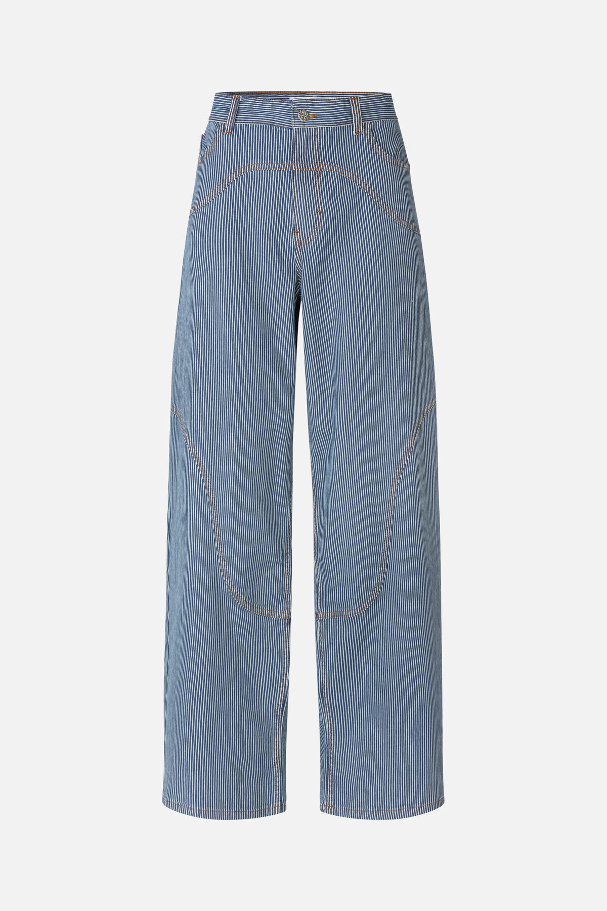 Front view of blue and white pinstriped wide-leg trousers with curved panel seams and contrasting orange stitching.