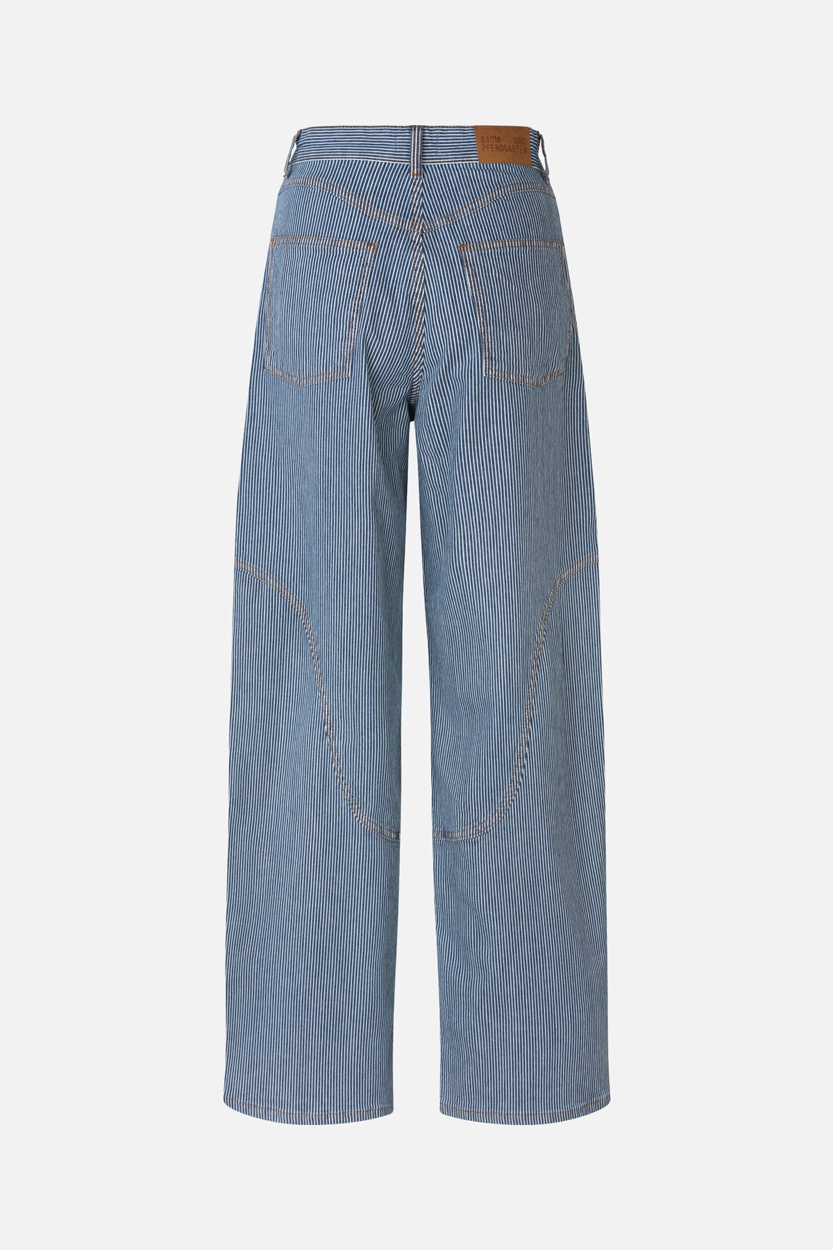 Back view of blue-and-white pinstriped wide-leg trousers with two rear patch pockets, tan stitching and a brown waistband patch.