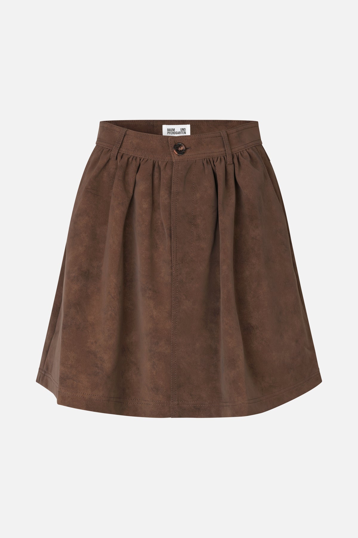 Front view of a brown A-line skirt with a wide buttoned waistband, belt loops, gathered pleats and a softly mottled surface