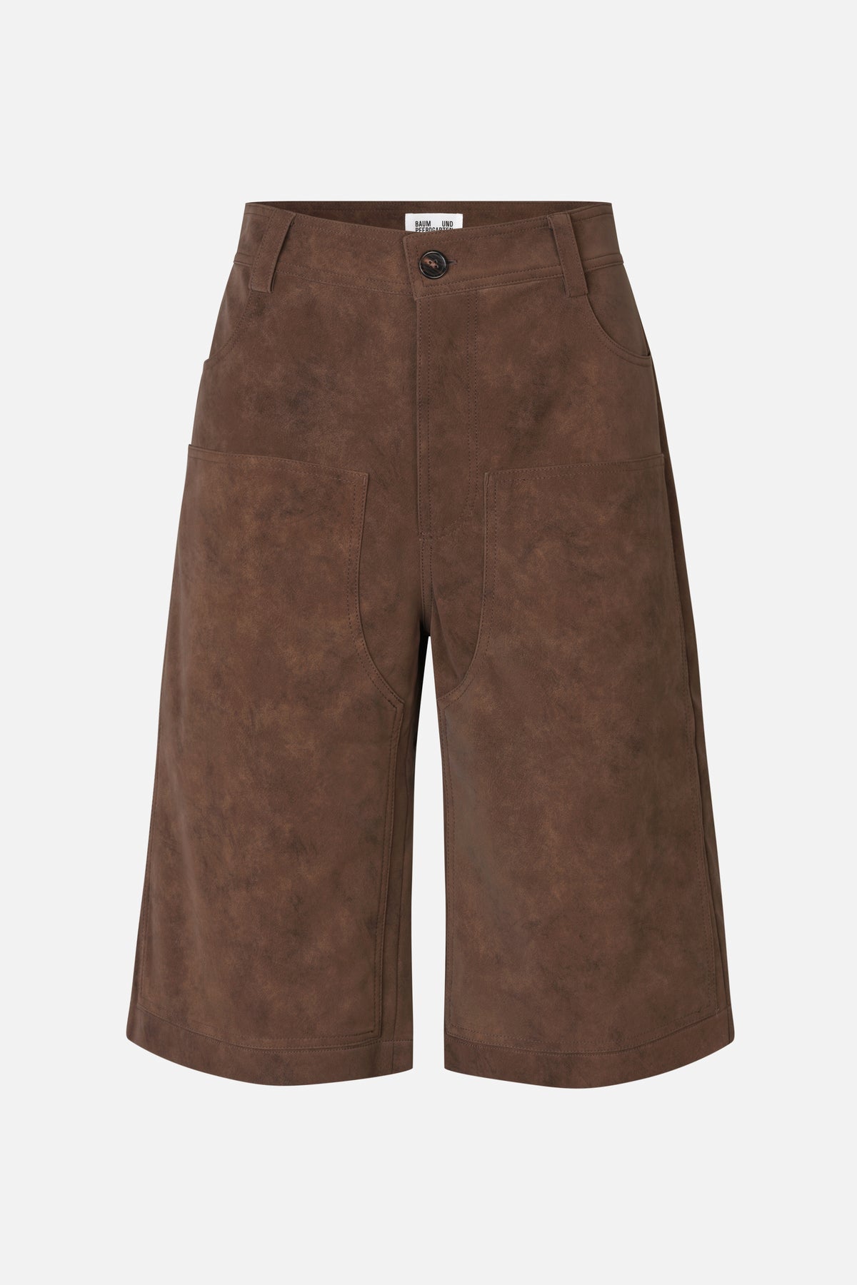 Front view of brown wide-leg shorts with a button waist, belt loops and large patch pockets