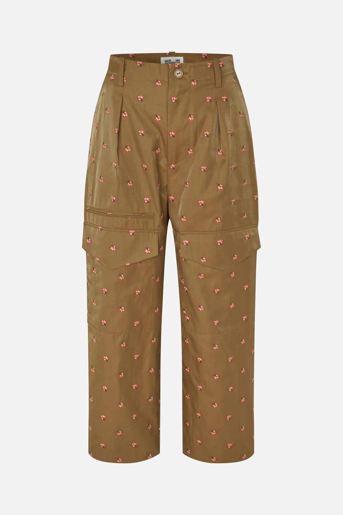 Front view of olive-brown straight-leg trousers with a small pink floral print, button fastening, belt loops and large thigh cargo pockets.
