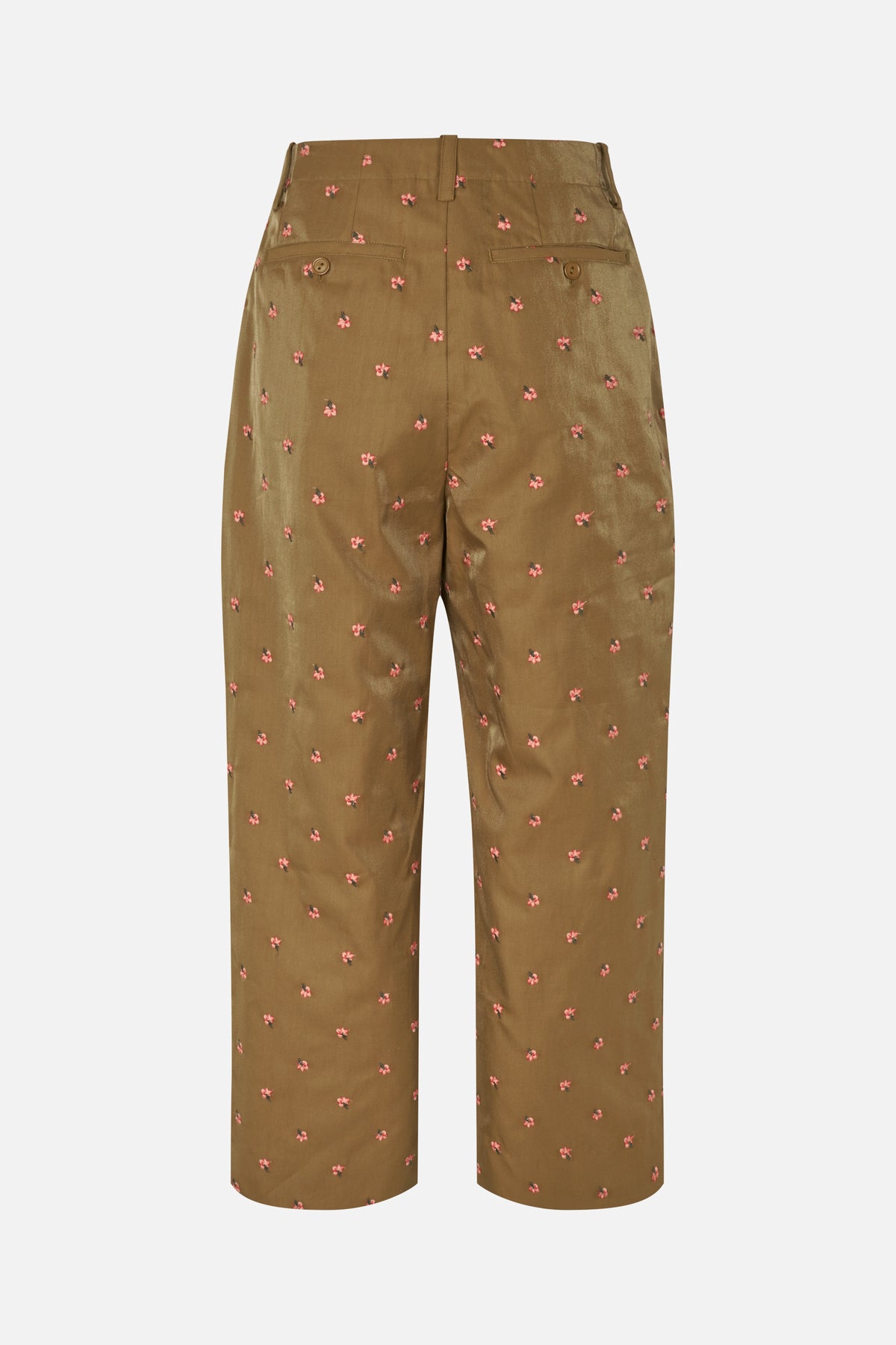Back view of olive-brown trousers with an all-over small pink floral print, belt loops and buttoned welt pockets.
