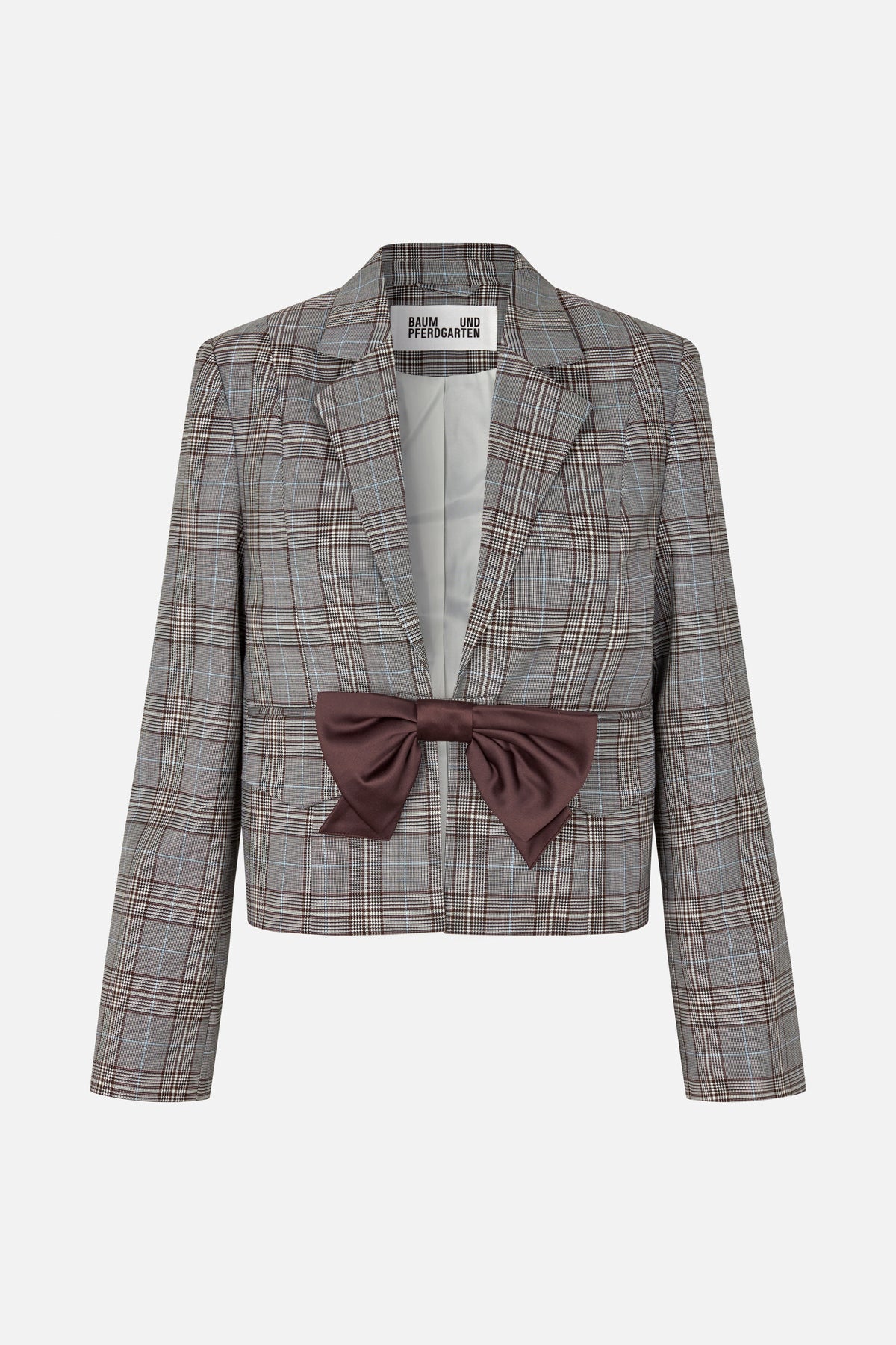 Front view of a cropped grey plaid blazer with brown and pale blue checks, notched lapels and a large burgundy bow at the waist.