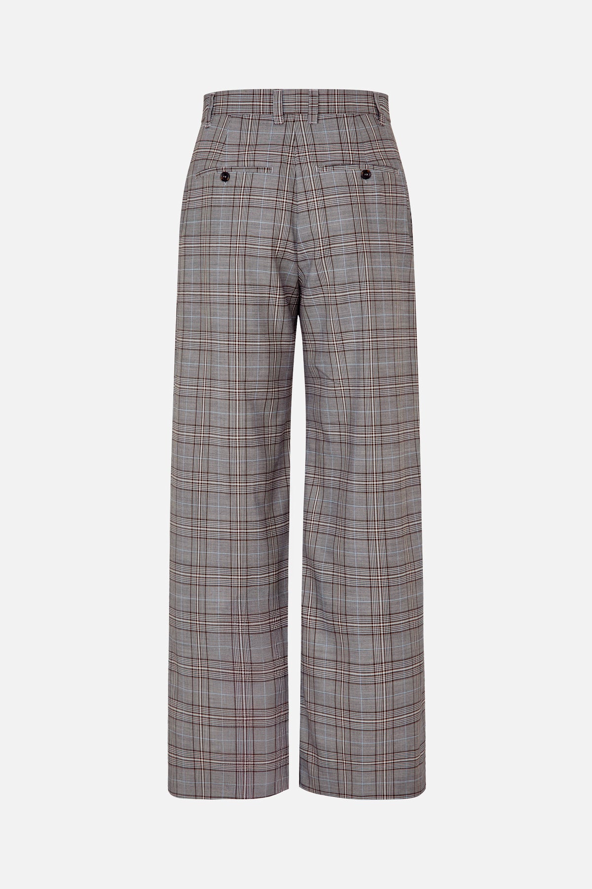 Back view of wide-leg trousers in a grey and brown plaid, with belt loops and two buttoned welt pockets.