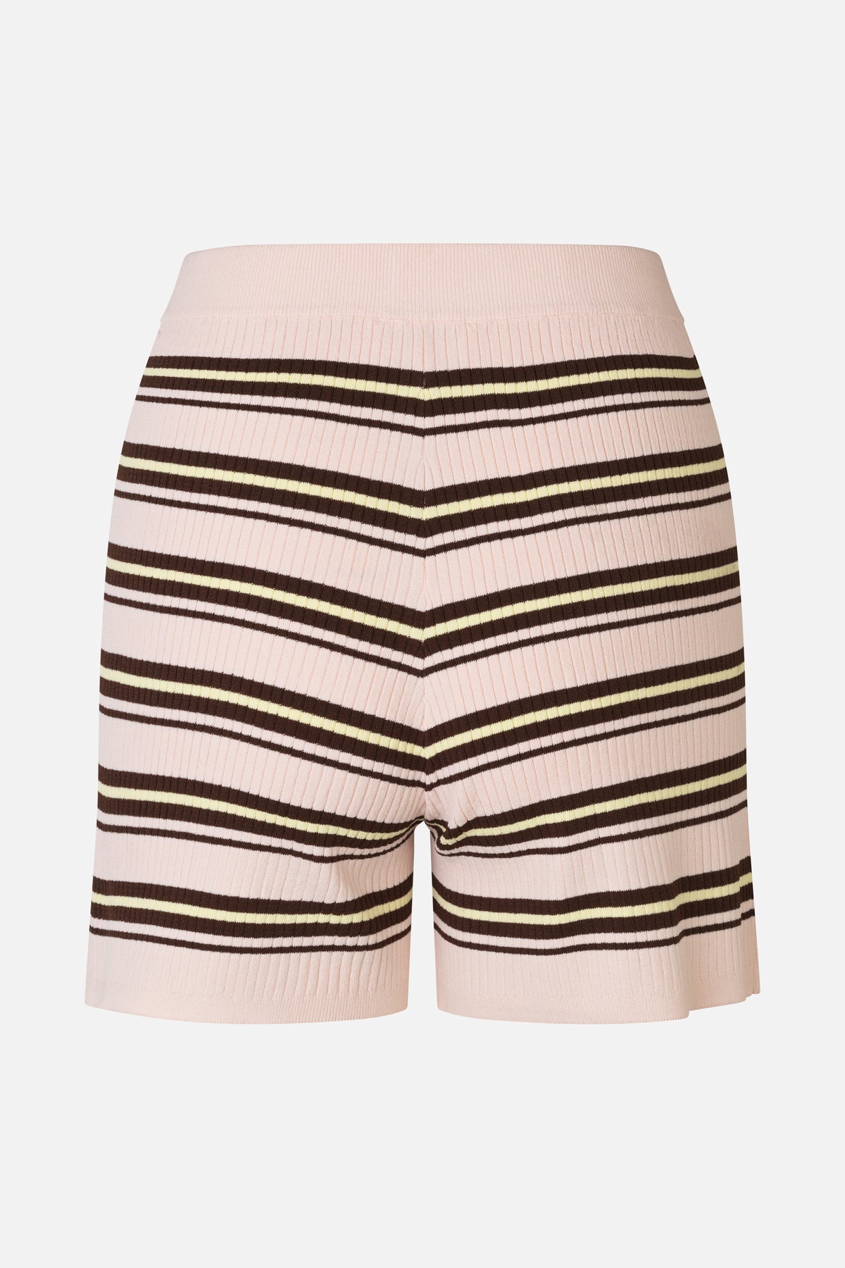 Front view of pale pink ribbed shorts with dark brown and pale yellow horizontal stripes.