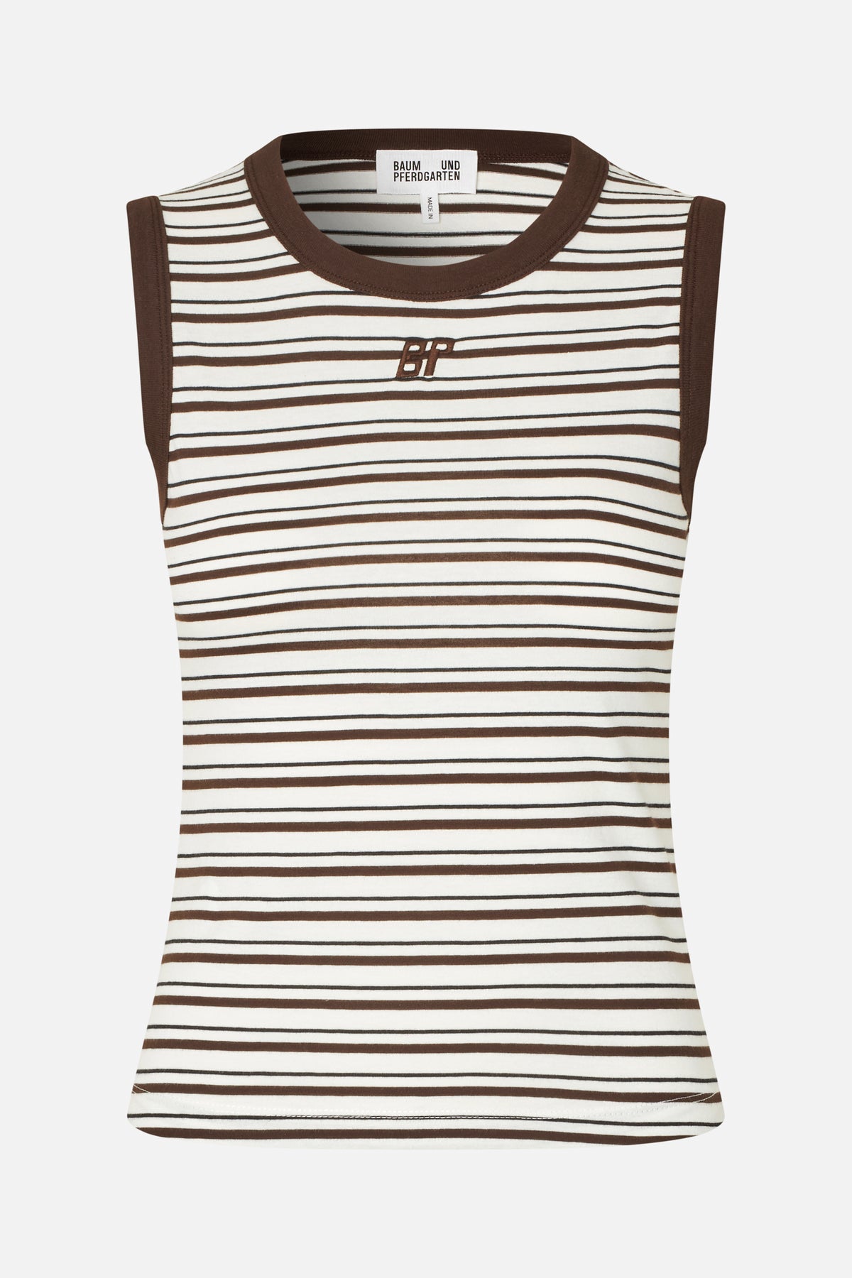 Front view of a sleeveless cream top with brown horizontal stripes, brown neckline and armhole trim, and a small chest monogram.