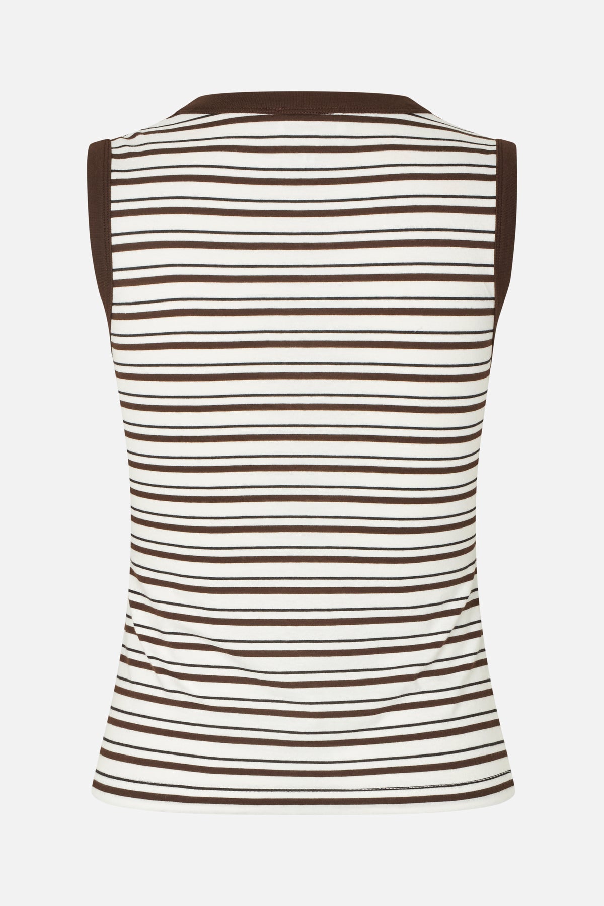 Back view of a cream sleeveless top with horizontal brown stripes and brown trim at the neckline and armholes.