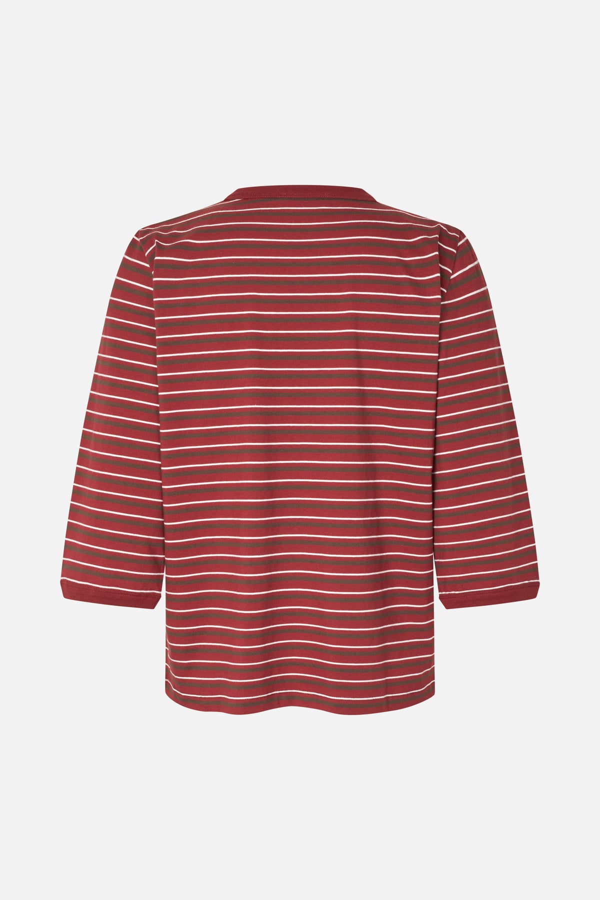 Rückansicht eines langärmligen Poloshirts mit horizontalen Streifen in rot, braun und weiß und unifarbenem roten Kragen.